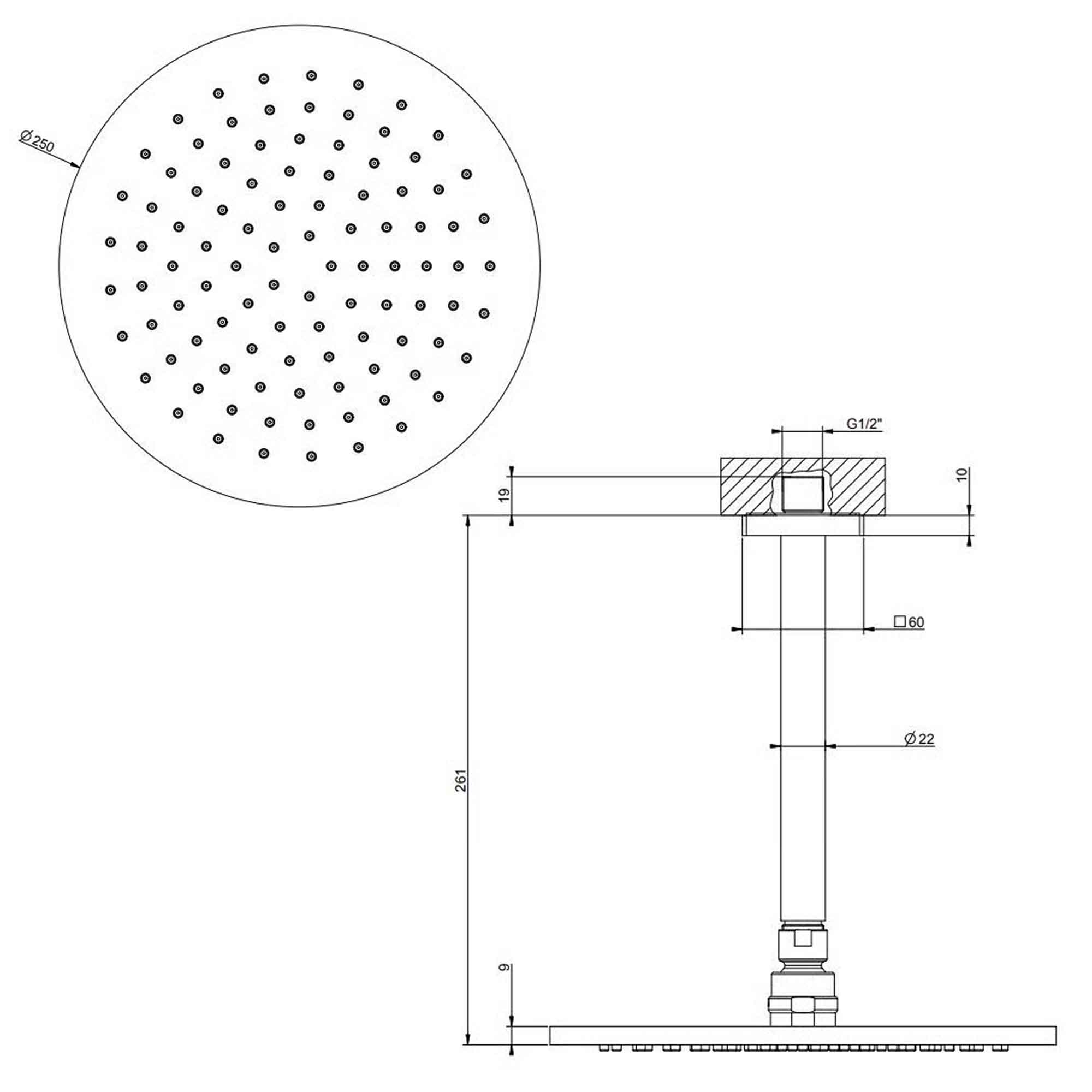 manzoni ceiling mounted shower head dimensions