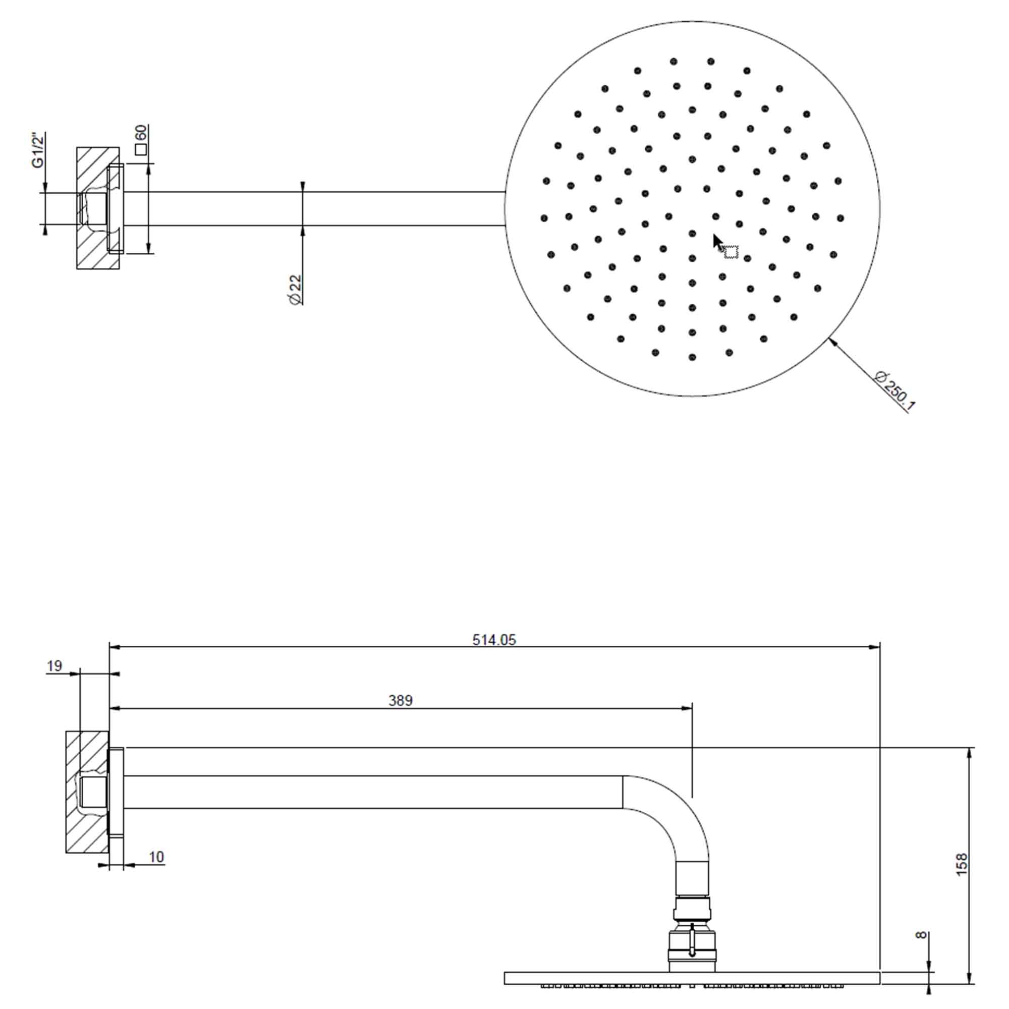 manzoni wall mounted shower head dimensions