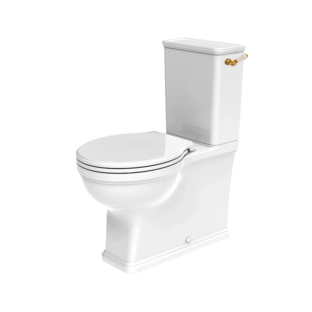Tavistock Marston fully enclosed toilet with the brushed brass lever - on a white background. Toilet supplied by Deluxe Bathrooms.