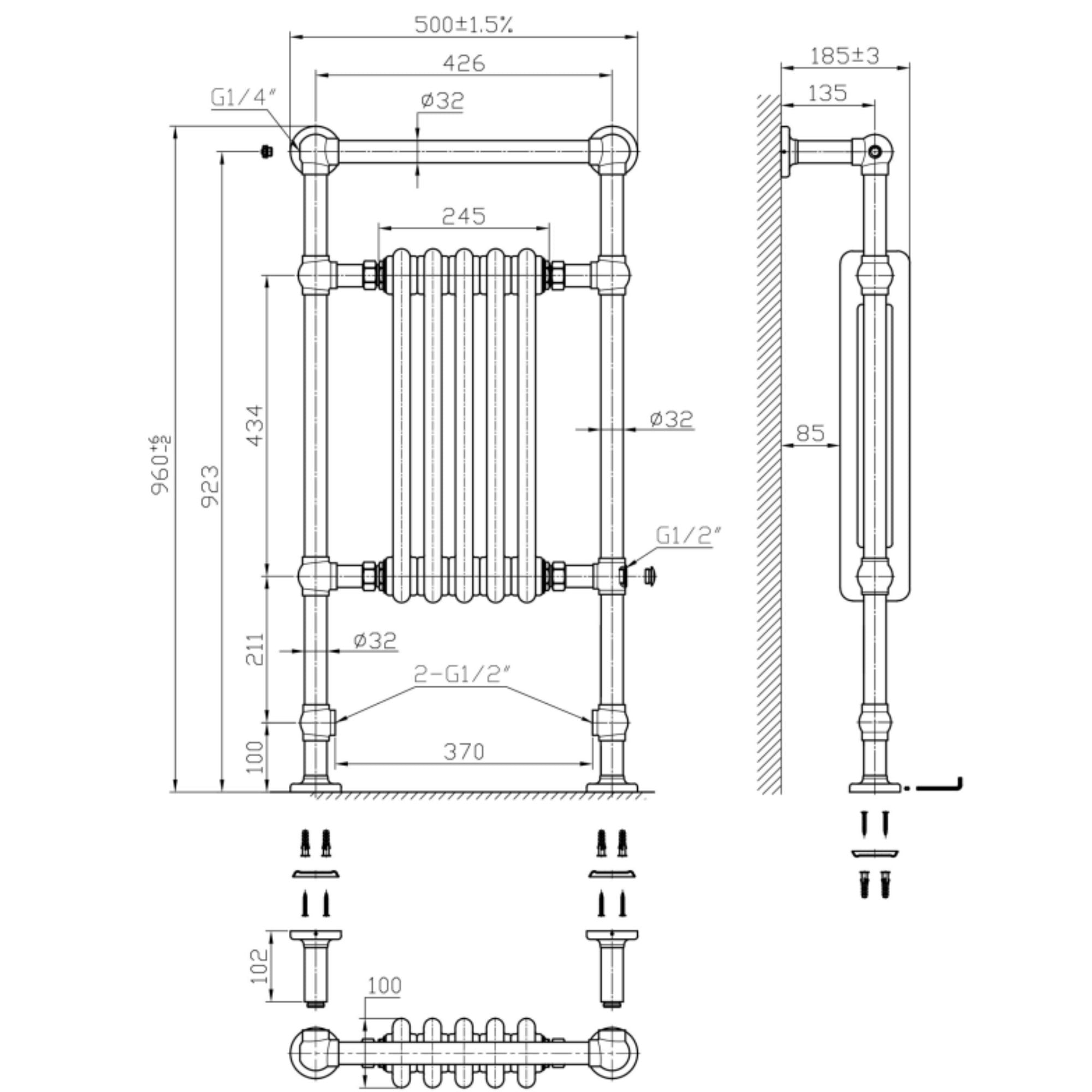 Marston Traditional Towel Rail Radiator 960 x 500mm - Brushed Brass & White Technical Drawing