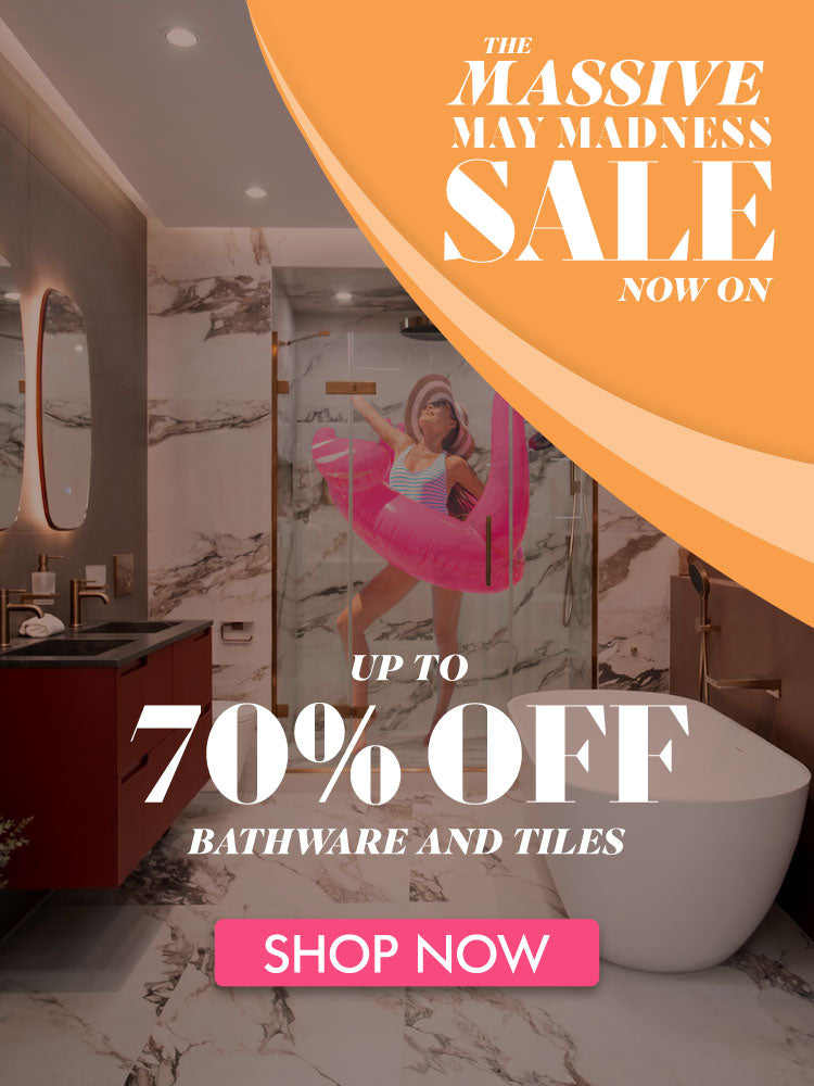 Bathroom setting with may madness promotional text overlay for a sale on bathware and tiles.
