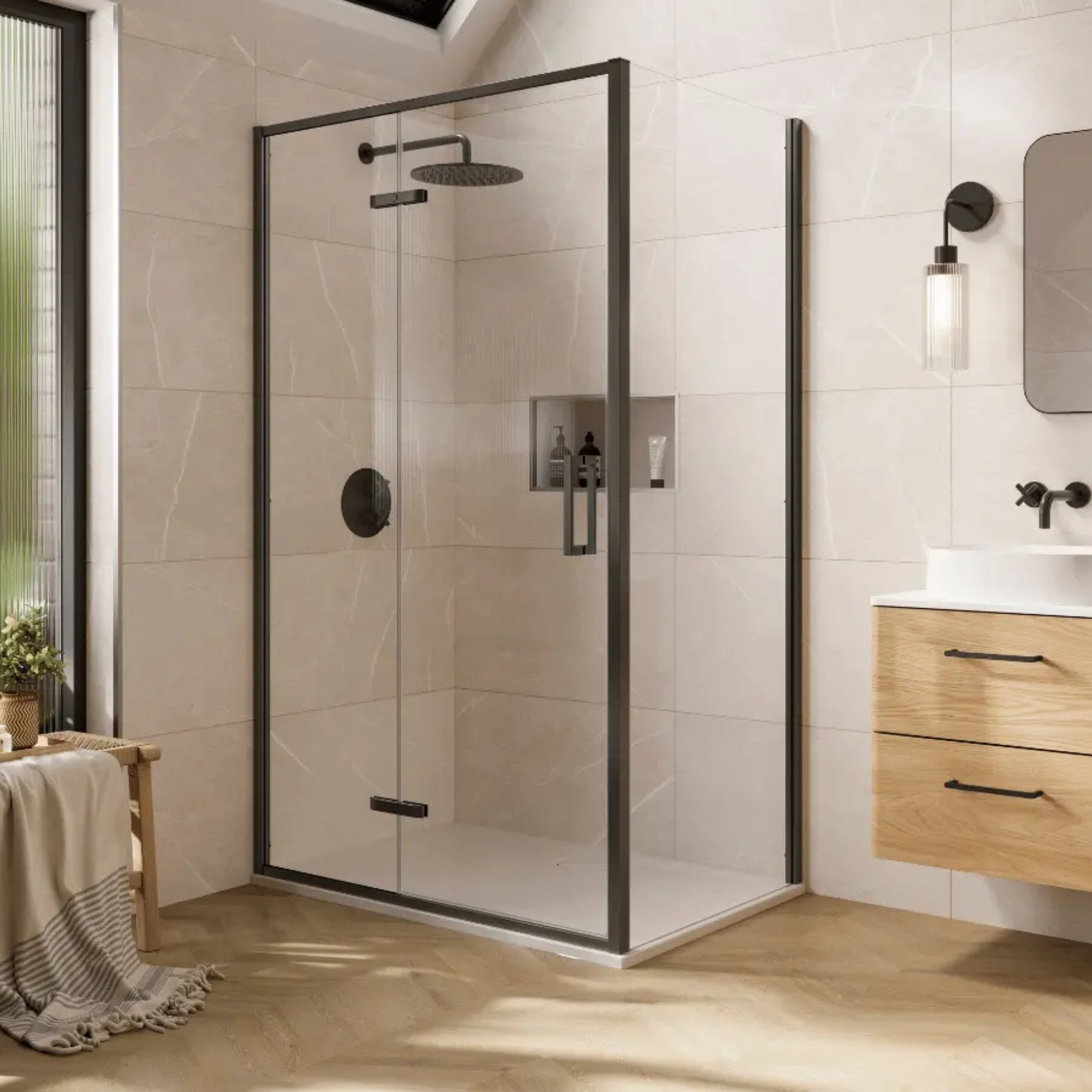 Merlyn 6 Series Sleek Hinge And Inline Shower Door With Optional Side Panel - Brushed Gunmetal