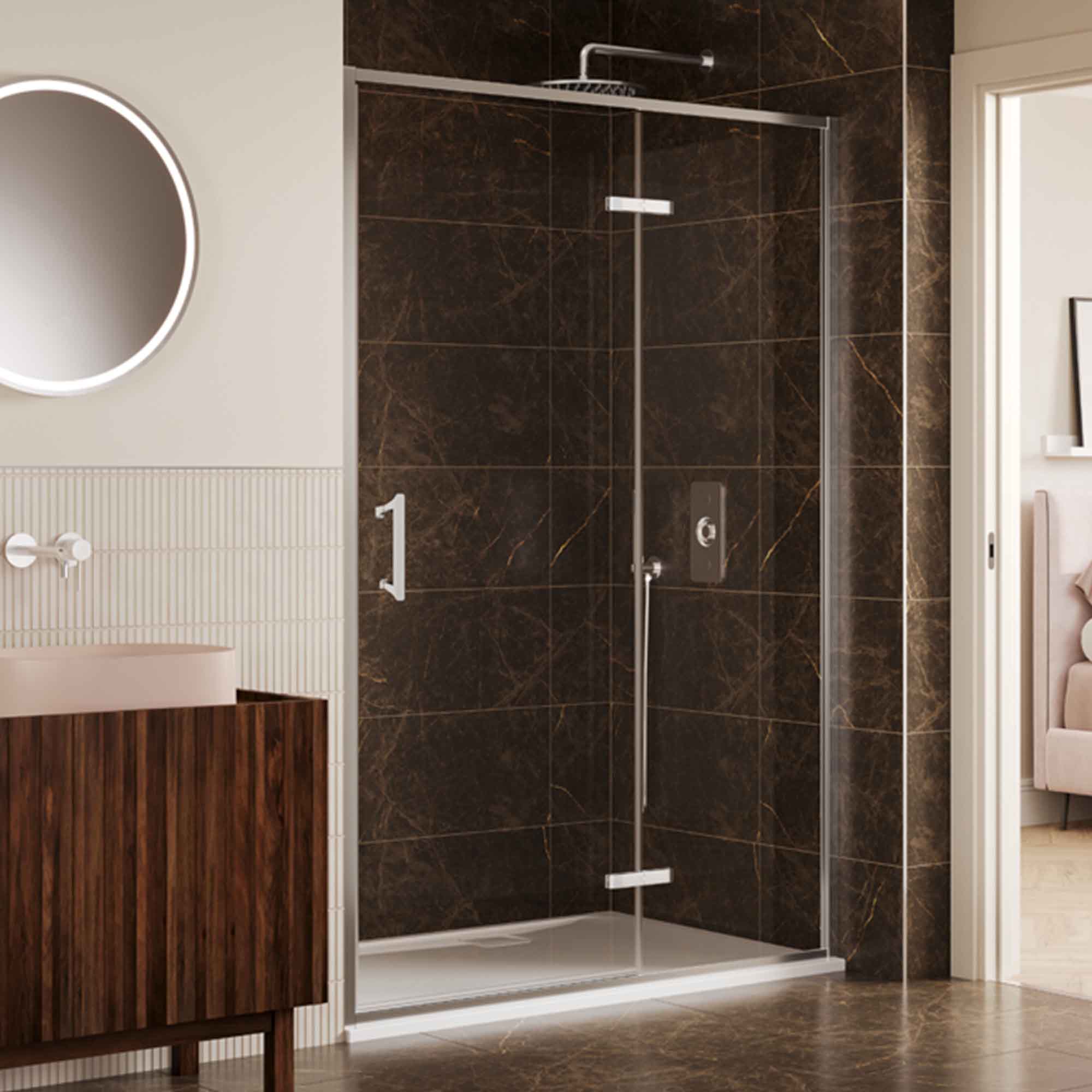 merlyn 6 series sleek hinge and inline shower door with side panel chrome