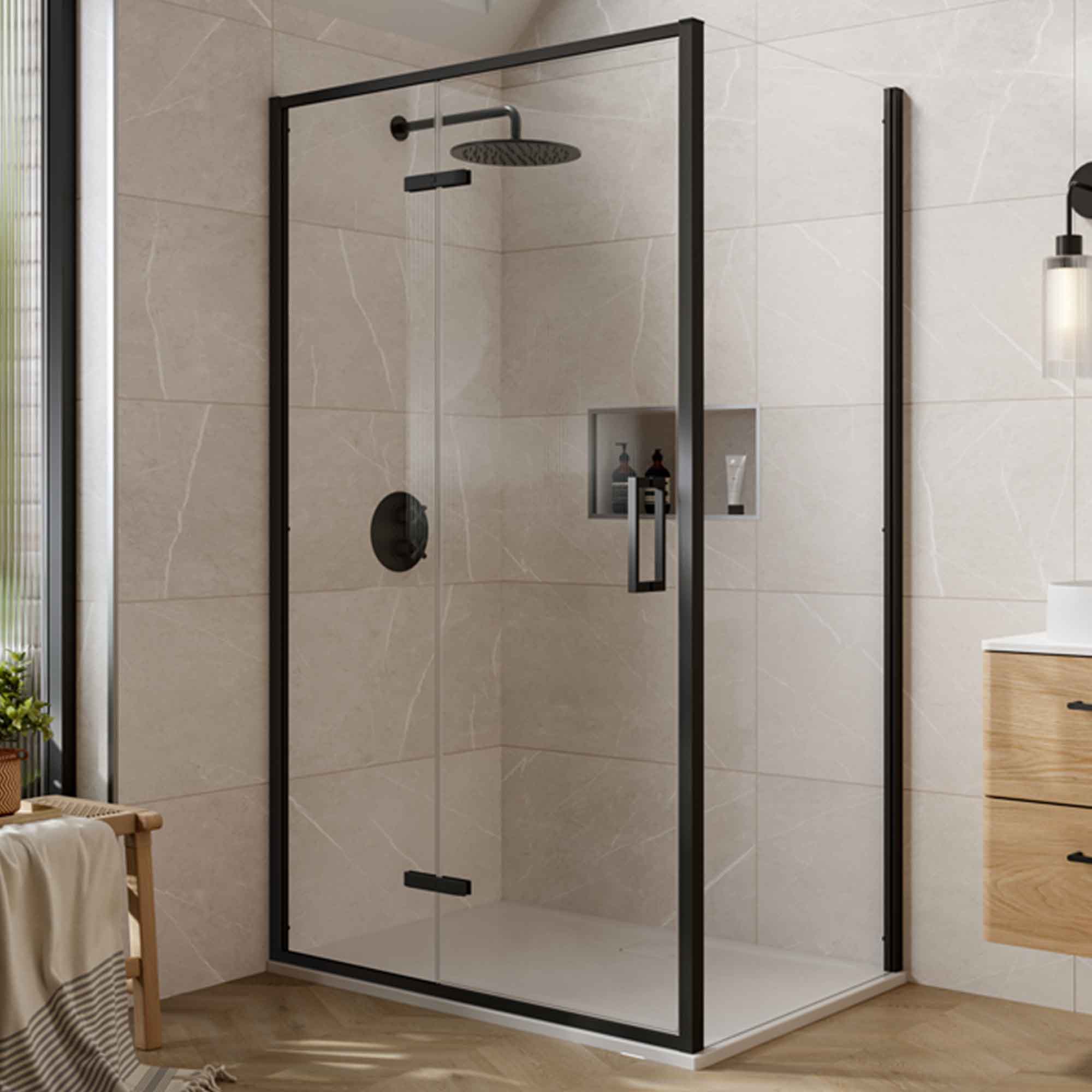 merlyn 6 series sleek hinge and inline shower door with side panel matt black