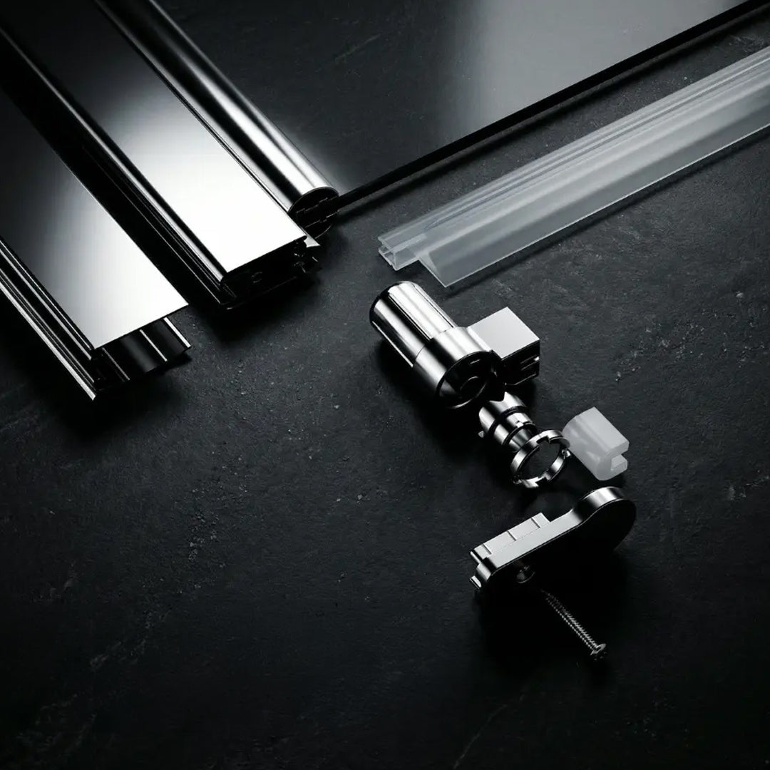 Image of the component parts of the Hydraseal for Merlyn bath screens, supplied by Deluxe Bathrooms.