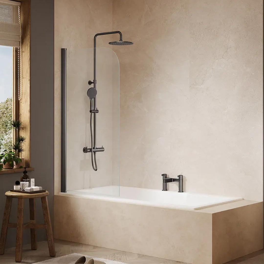 Image of the Merlyn MB1 Single Rounded Bath Screen 800x1500mm in brushed gunmetal, supplied by Deluxe Bathrooms.
