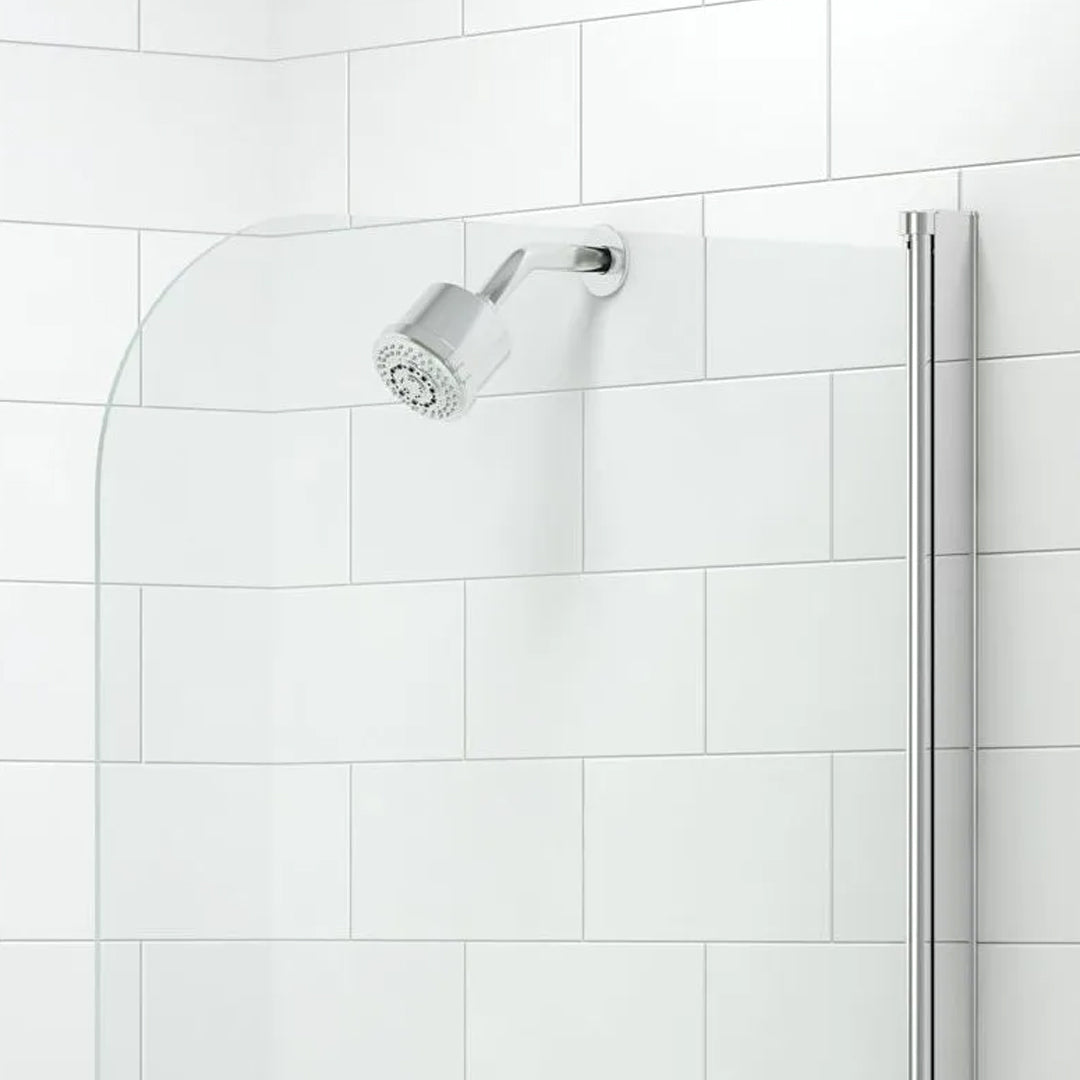 Close-up image of the Merlyn MB1 Single curved bathscreen, supplied by Deluxe Bathrooms.