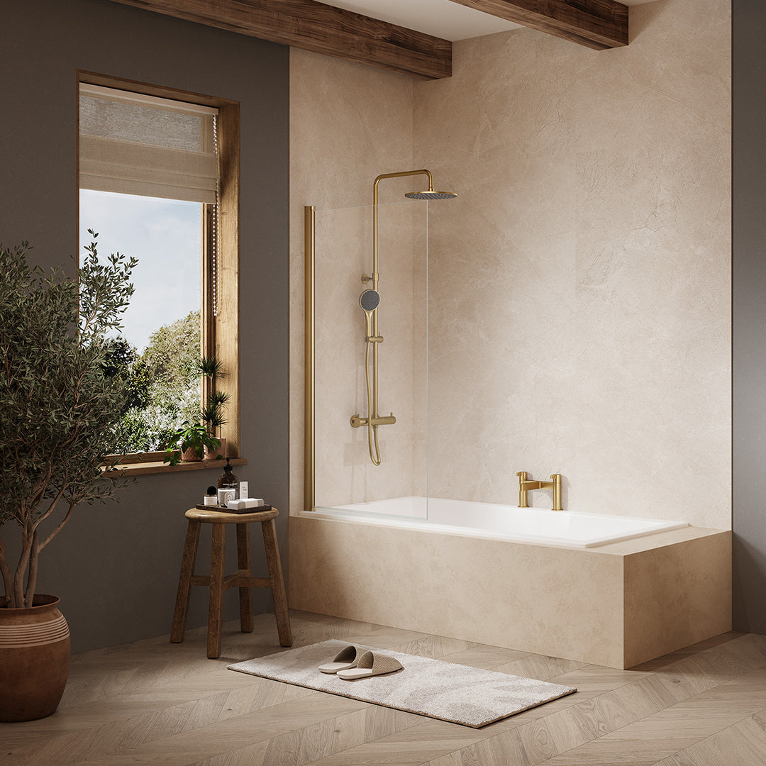 Image of the Merlyn MB2 Single Square Bath Screen 800x1500mm in brushed brass, supplied by Deluxe Bathrooms.