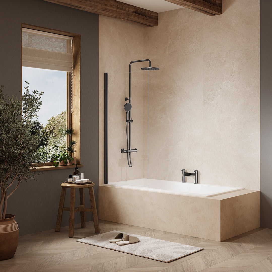 The Merlyn MB2 Single Square Bath Screen 800x1500mm in brushed gunmetal, supplied by Deluxe Bathrooms.