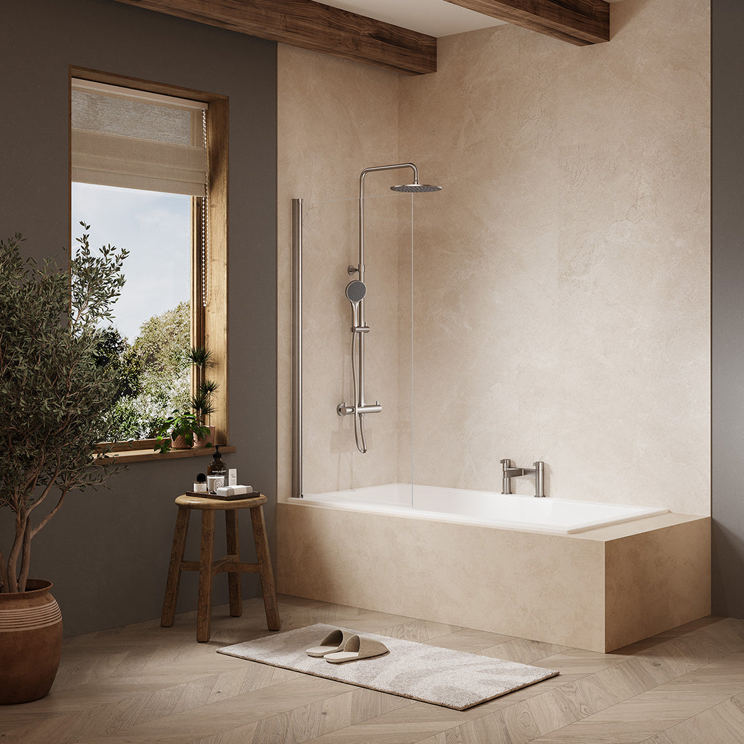 Image of the Merlyn MB2 Single Square Bath Screen 800x1500mm in brushed nickel, supplied by Deluxe Bathrooms.