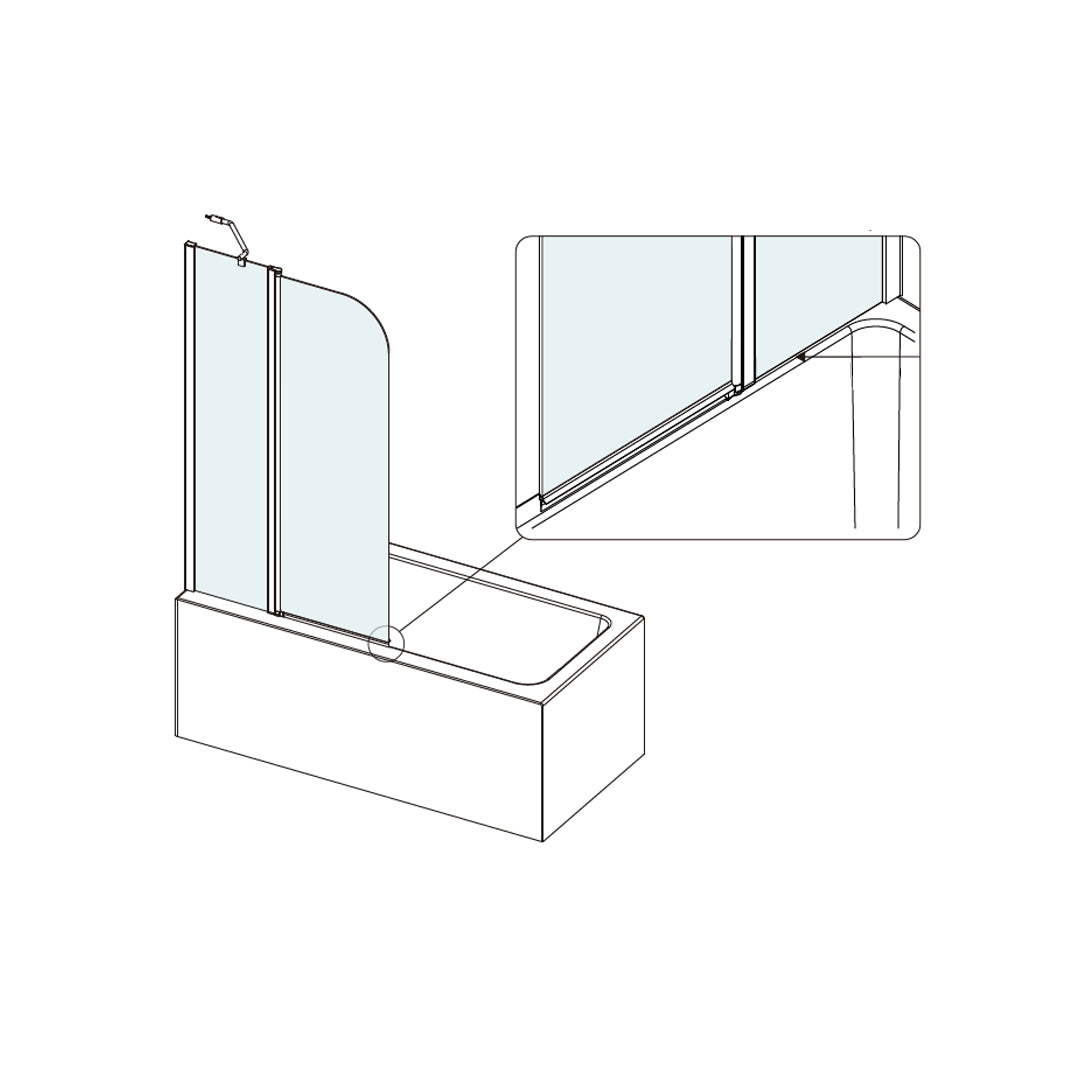 Outline drawing of the Merlyn MB3A two-panel folding curved bath screen, supplied by Deluxe Bathrooms.