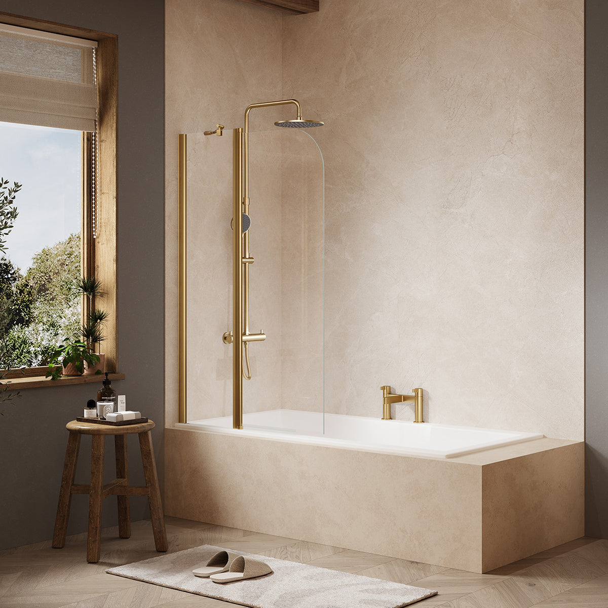 Merlyn MB3A two-panel folding curved bath screen in brushed bronze finish, supplied by Deluxe Bathrooms.