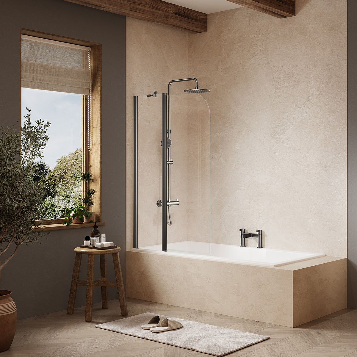 Merlyn MB3A two-panel folding curved bath screen in a brushed gunmetal finish, supplied by Deluxe Bathrooms.