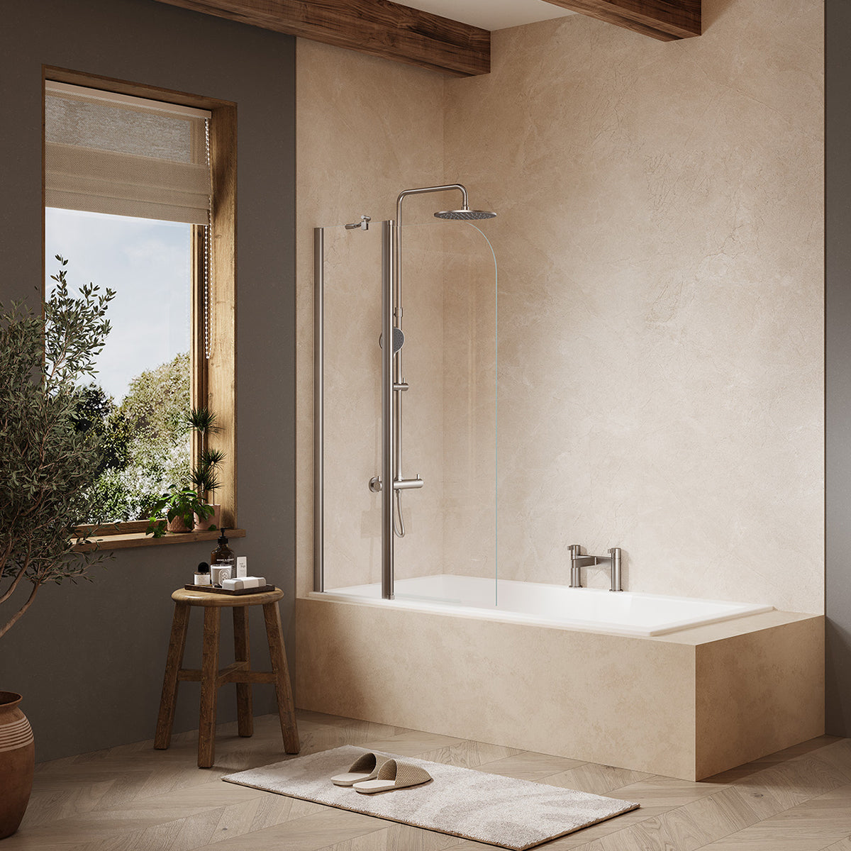 Merlyn MB3A two-panel folding curved bath screen in brushed nickel finish, supplied by Deluxe Bathrooms.