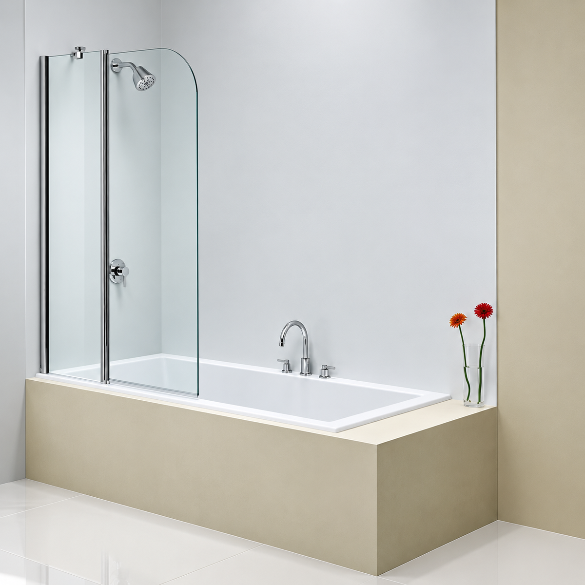Merlyn MB3A two-panel folding curved bath screen in chrome finish, supplied by Deluxe Bathrooms.