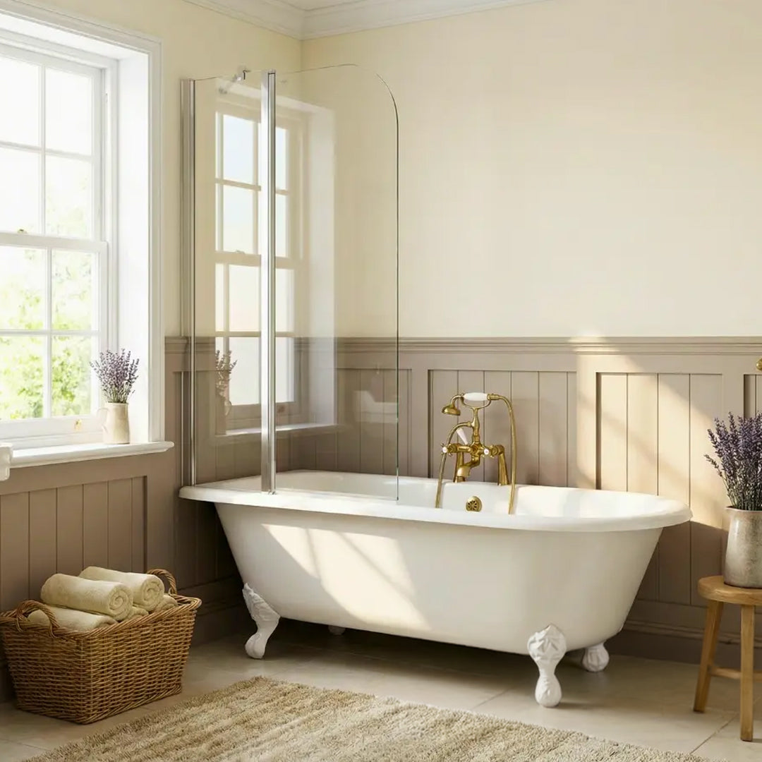 Merlyn MB3A two-panel folding curved bath screen in chrome finish, fitted to a traditional bath.