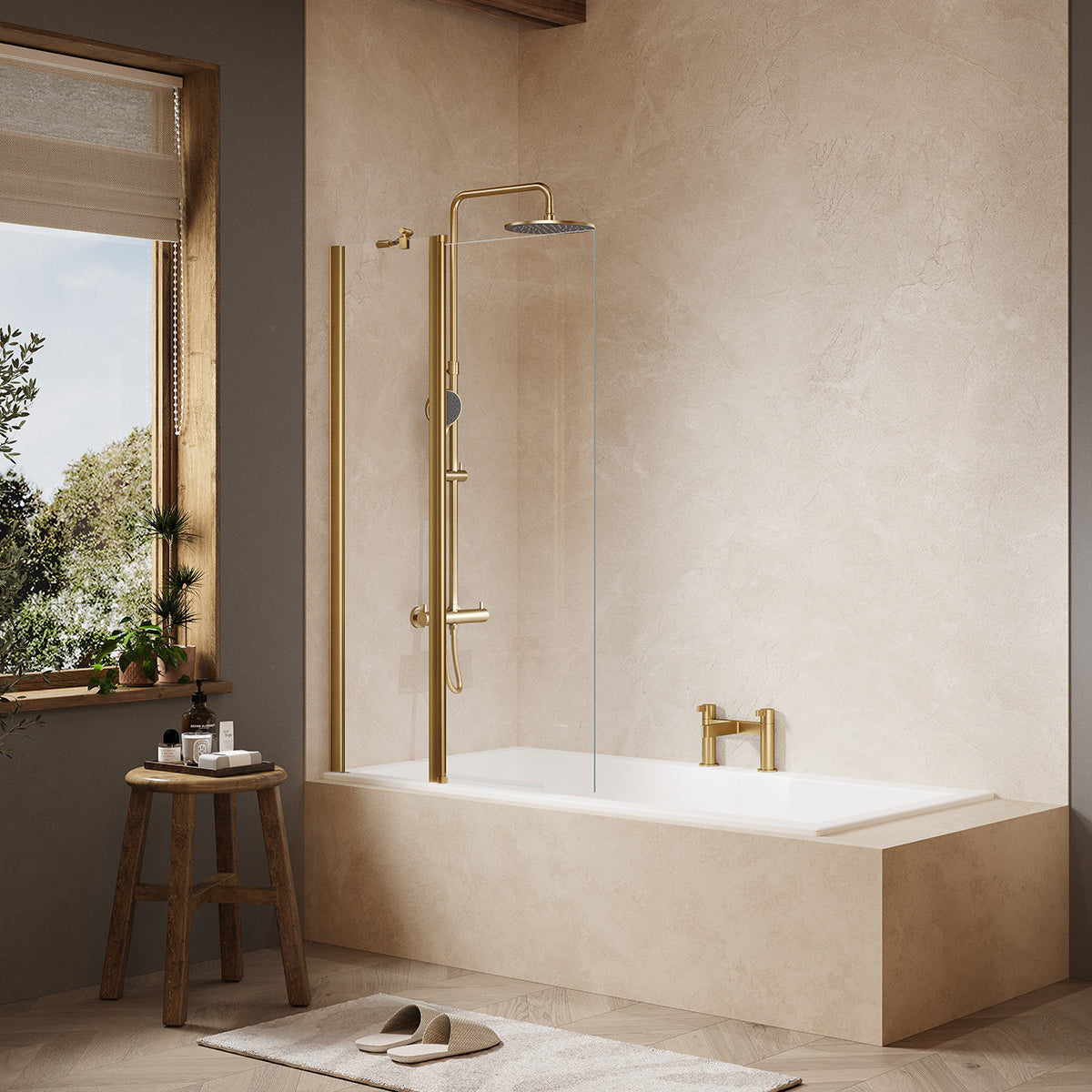 Merlyn MB3B two-panel folding square bath screen in brushed brass finish, supplied by Deluxe Bathrooms.