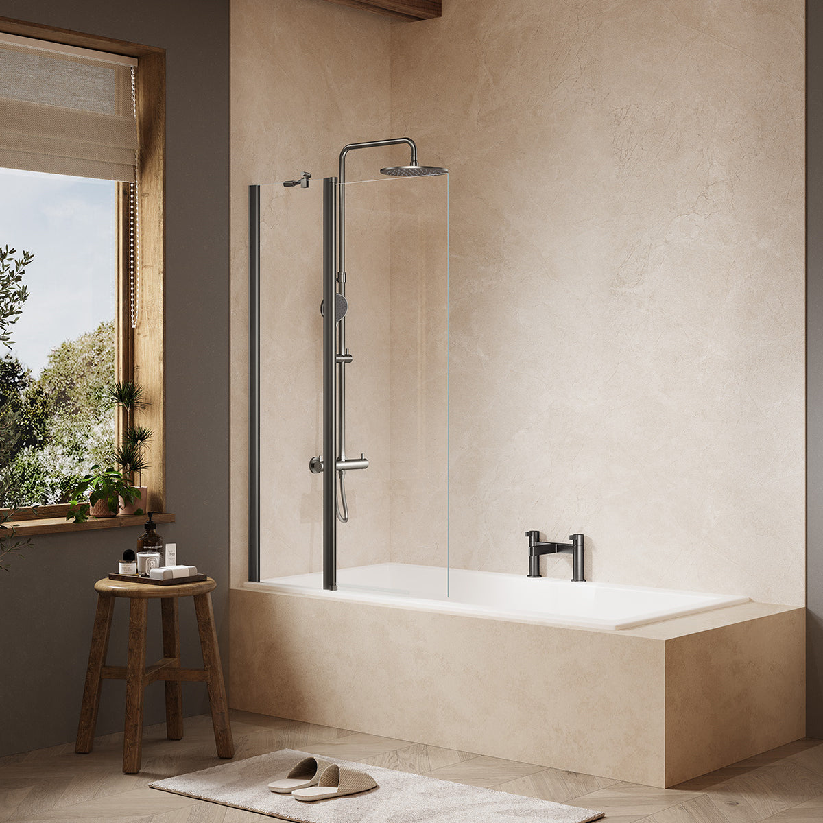 Merlyn MB3B two-panel folding square bath screen in brushed gunmetal finish, supplied by Deluxe Bathrooms.