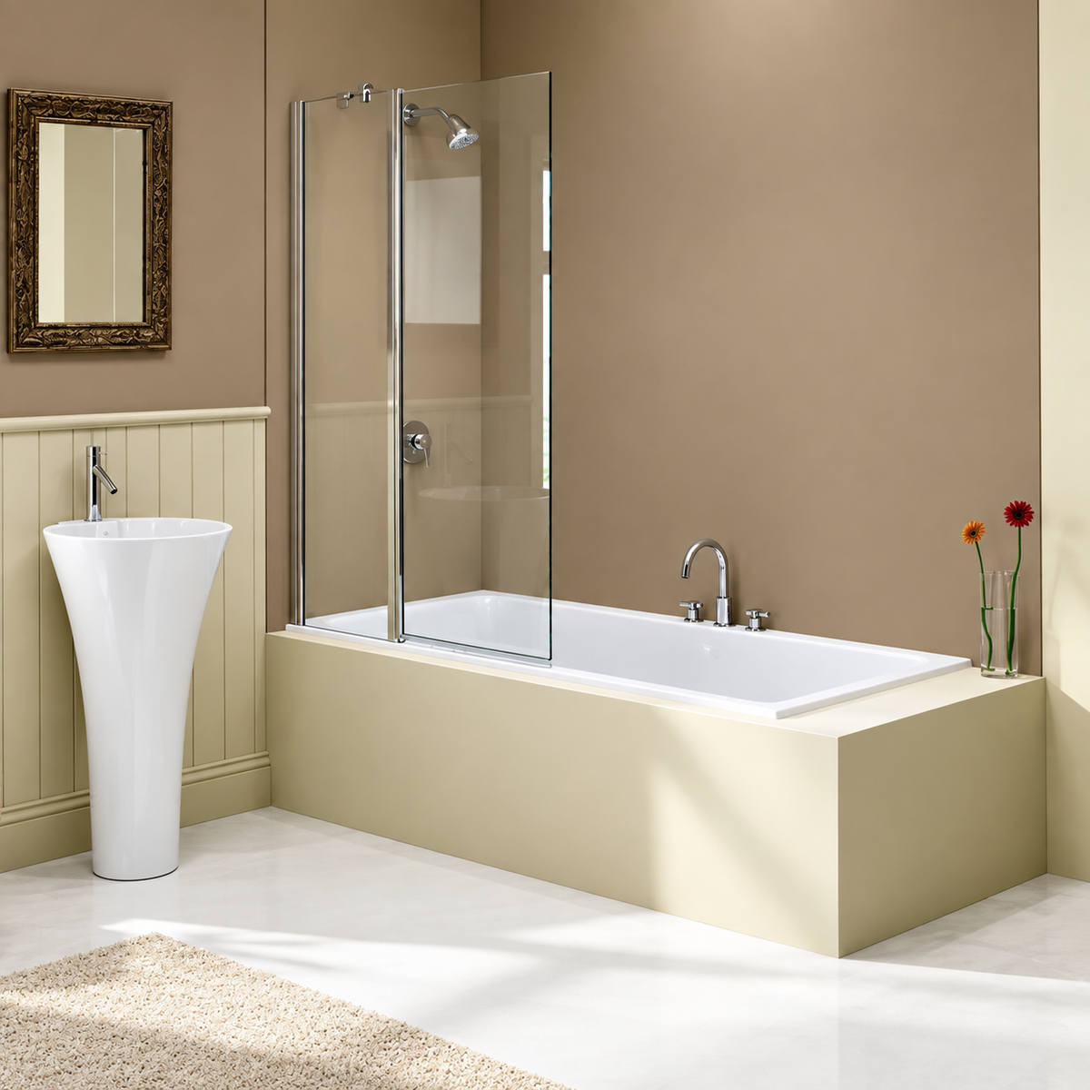Merlyn MB3B two-panel folding square bath screen in chrome finish, supplied by Deluxe Bathrooms.