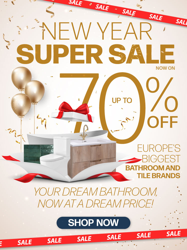 bathroom and tile new year sale at deluxe bathrooms banner