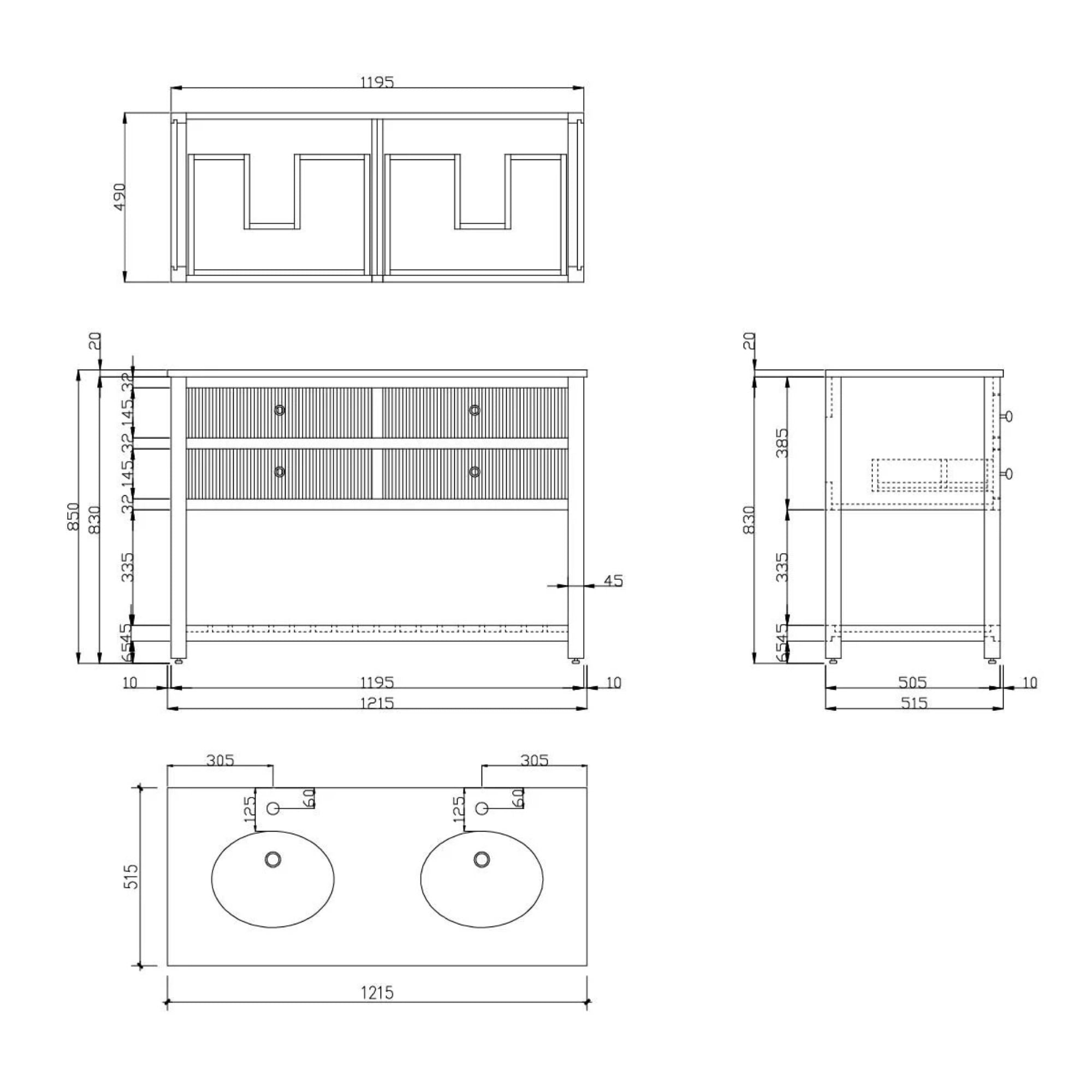 Newbury 1200 Fluted Floorstanding 4-Drawer Vanity Unit With Basin Technical Drawing