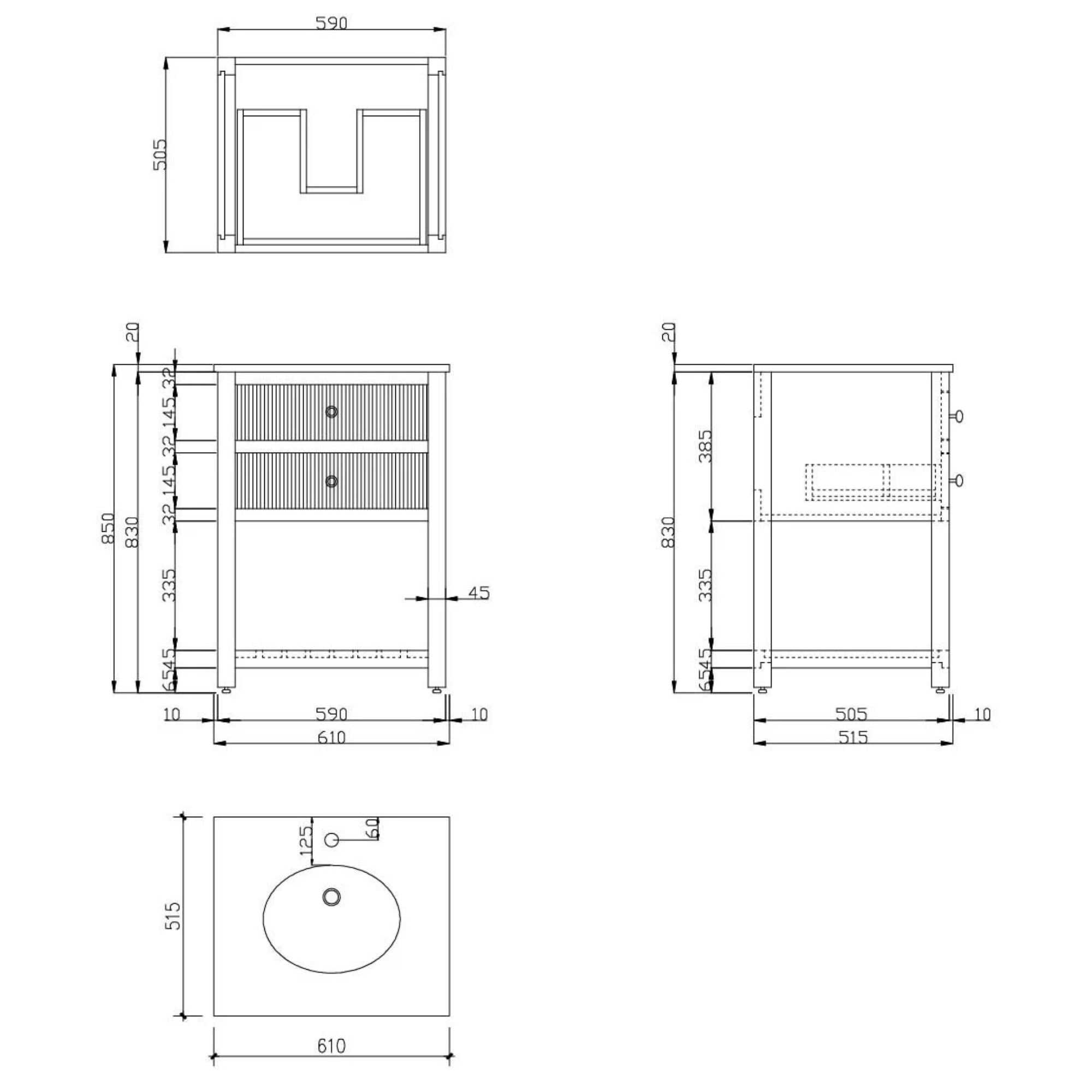Newbury 600 Fluted Floorstanding 2-Drawer Vanity Unit With Basin Technical drawing