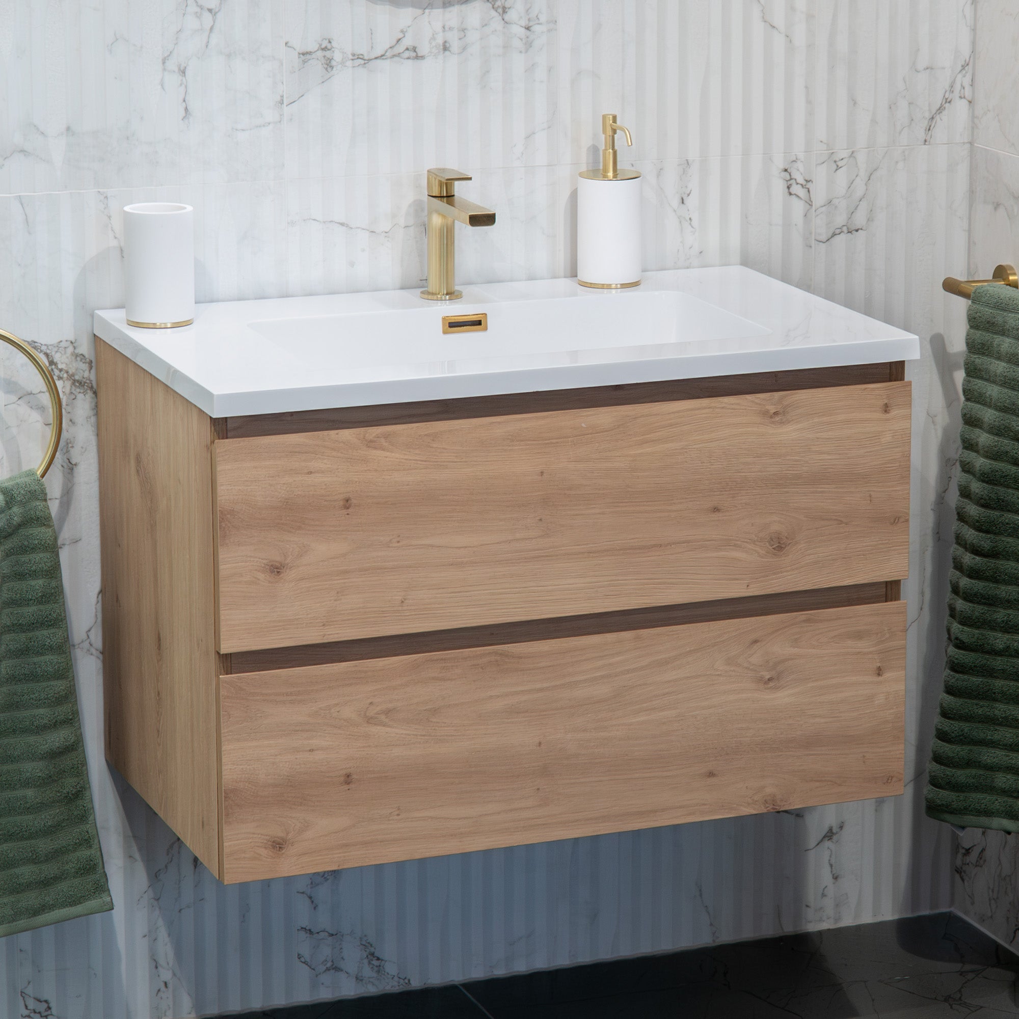 Granlusso™ Rocco Oak Wall Mounted Vanity Unit With Gloss White Washbasin
