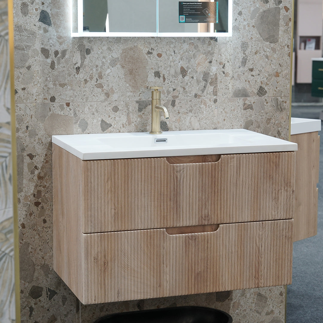 Granlusso Opus Oak Fluted Wall Mounted Vanity Unit With Solid Surface Washbasin