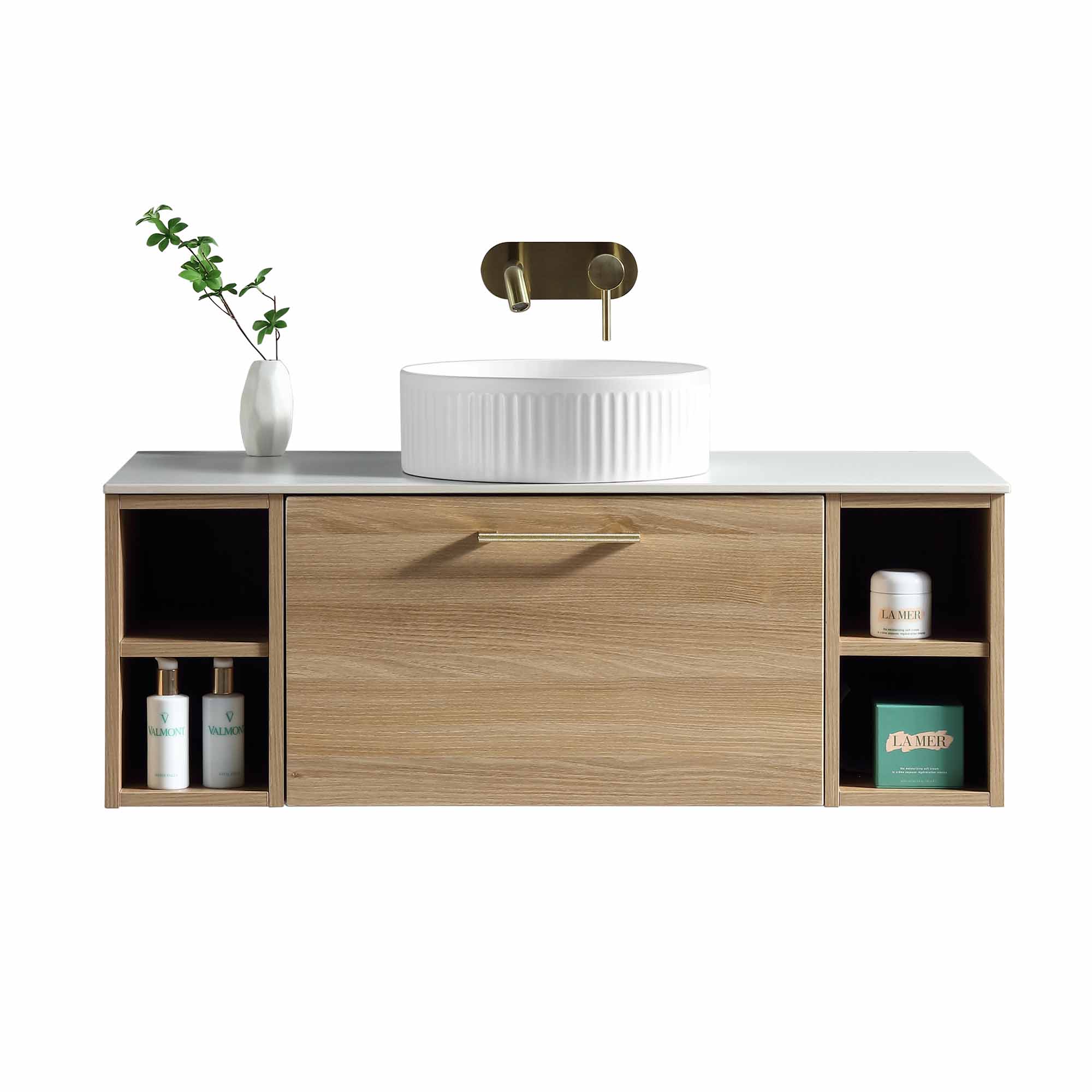 pisa 1000 wall mounted vanity unit with stone worktop and 2 open shelves country oak