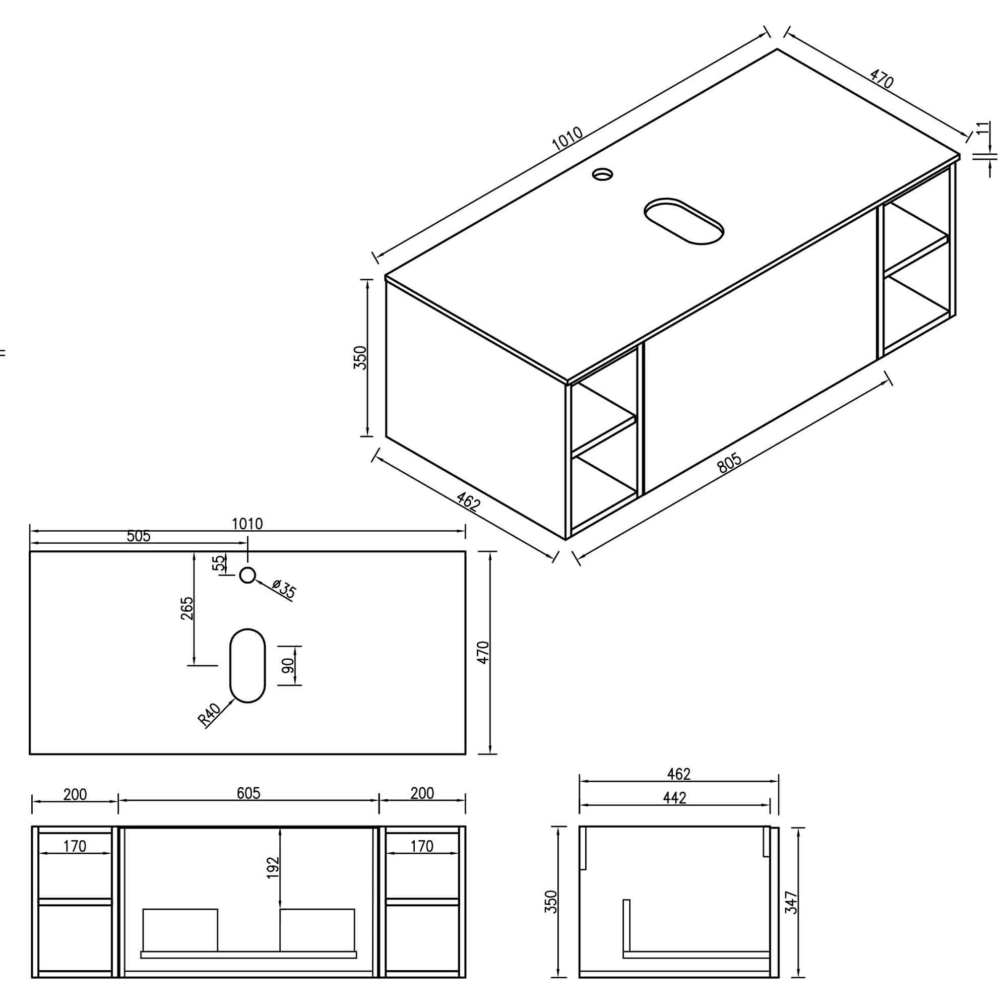 pisa 1000 wall mounted vanity unit with stone worktop and 2 open shelves