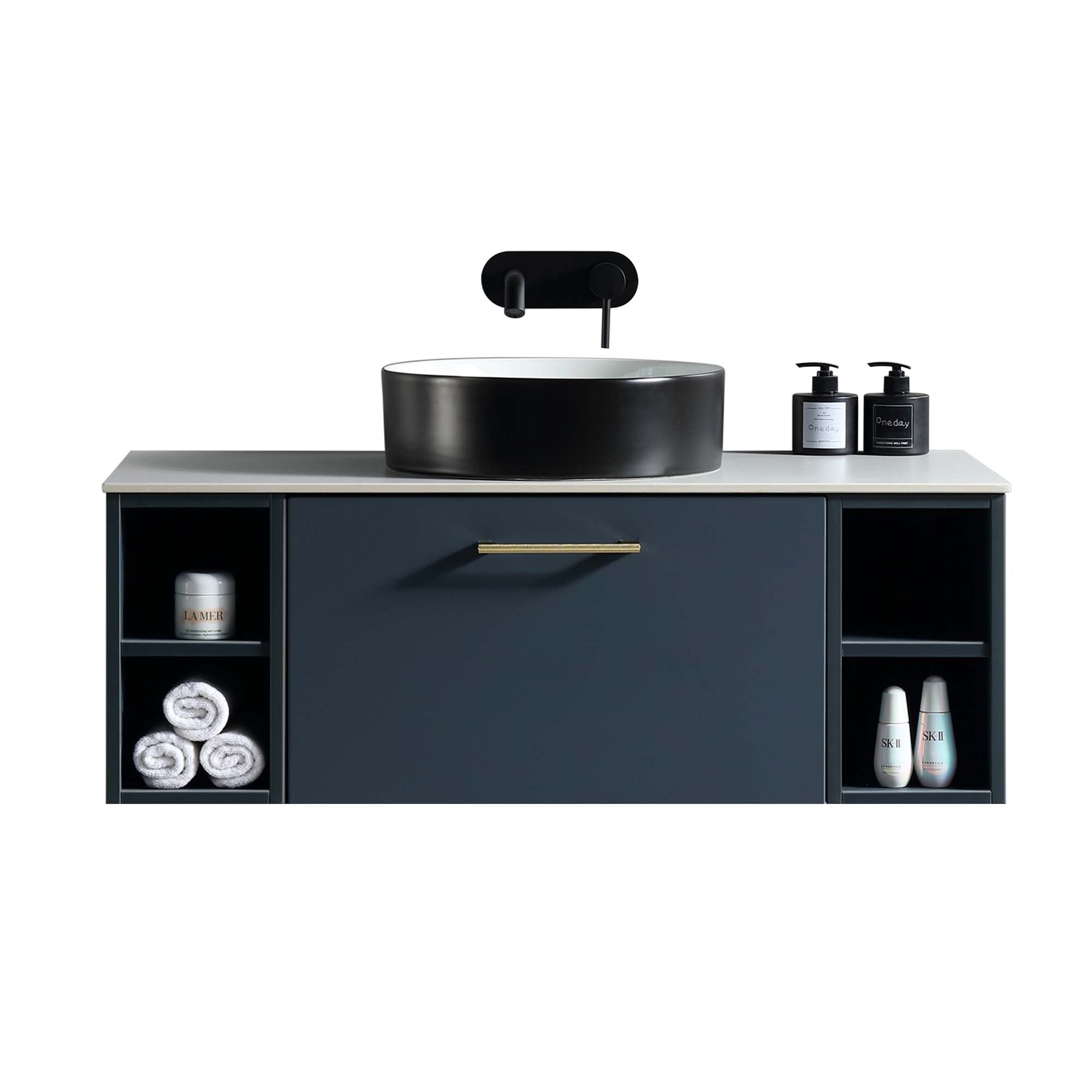 pisa 1000 wall mounted vanity unit with stone worktop and 2 open shelves midnight shadow