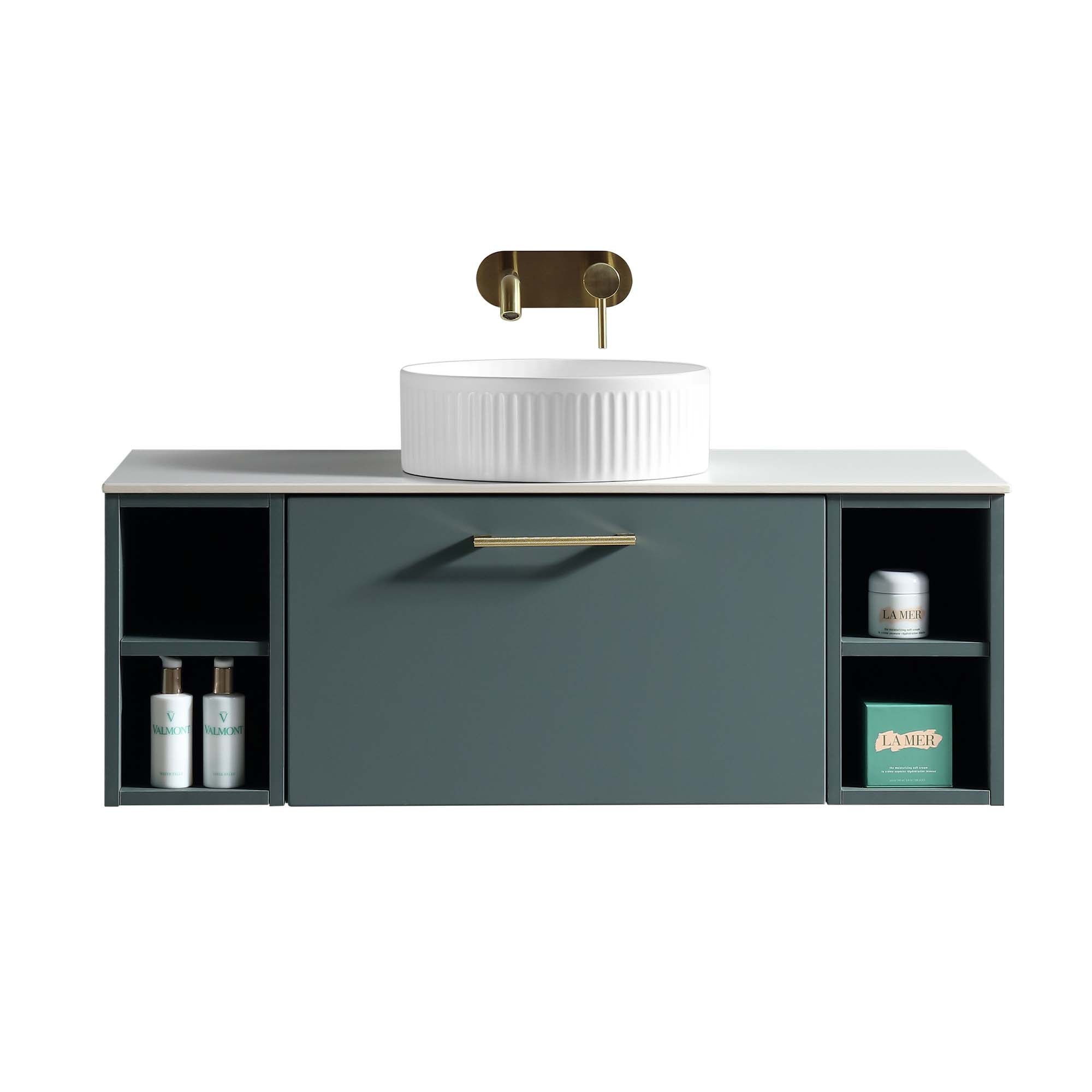 pisa 1000 wall mounted vanity unit with stone worktop and 2 open shelves smoked sage