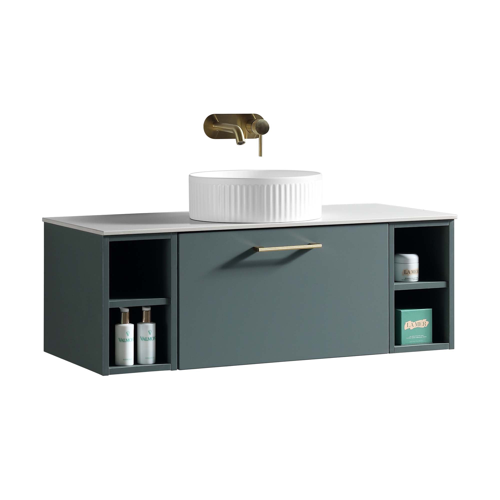 pisa 1000 wall mounted vanity unit with stone worktop and 2 open shelves smoked sage