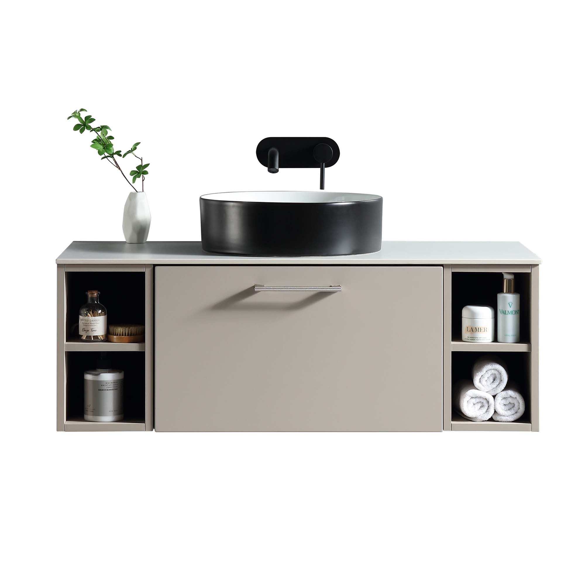 pisa 1000 wall mounted vanity unit with stone worktop and 2 open shelves soft coffee