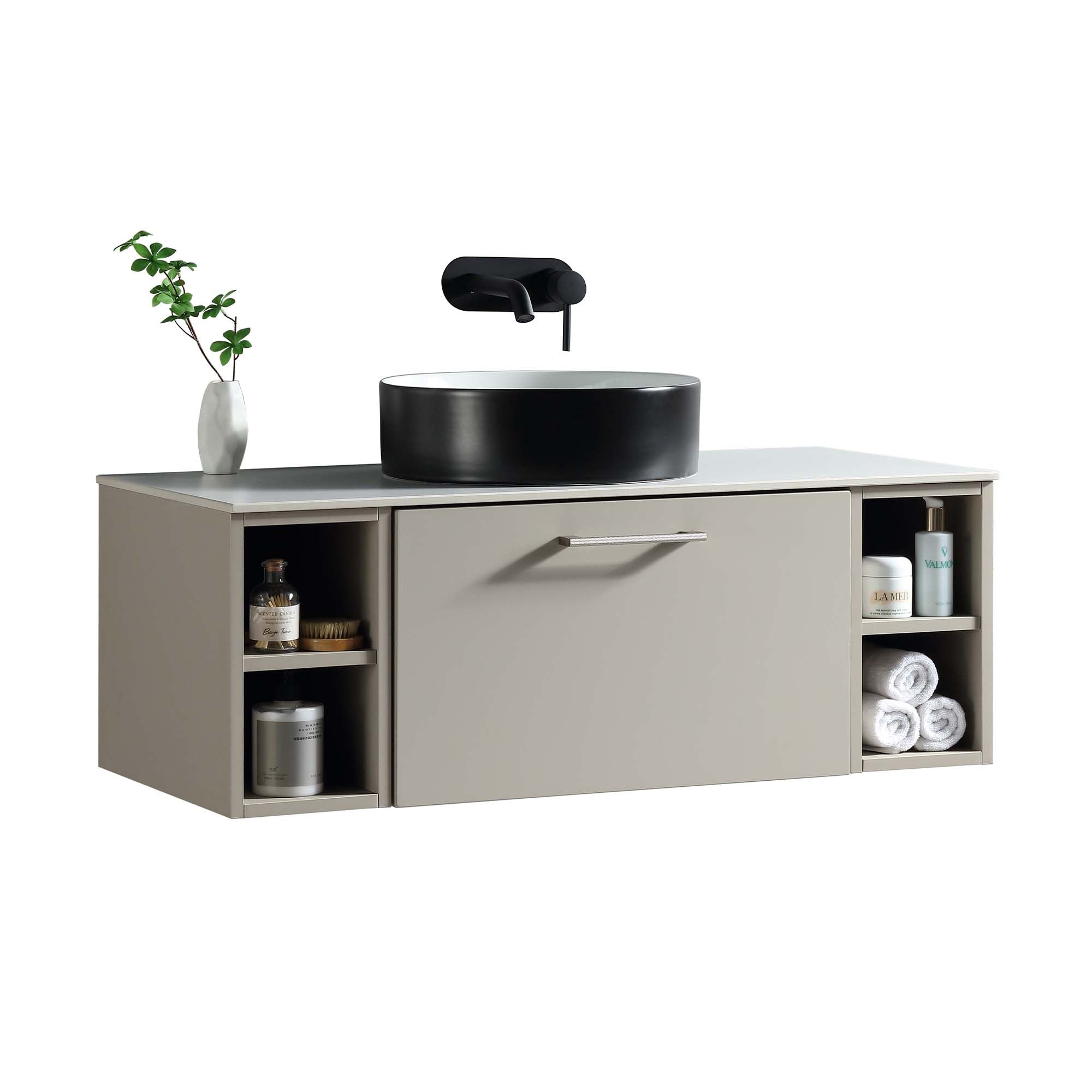pisa 1000 wall mounted vanity unit with stone worktop and 2 open shelves soft coffee