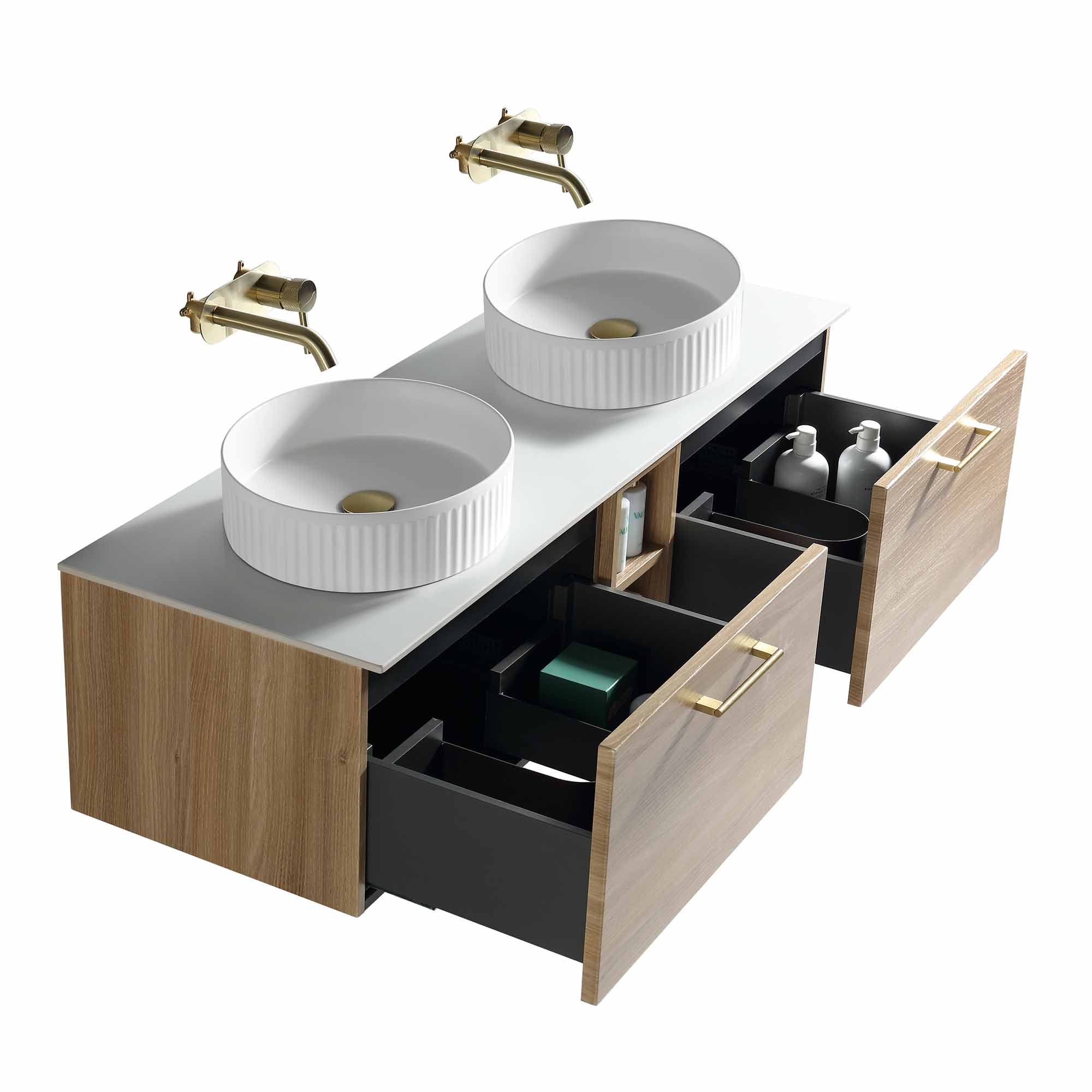 pisa 1400 wall mounted double vanity unit with stone worktop and central open shelf country oak