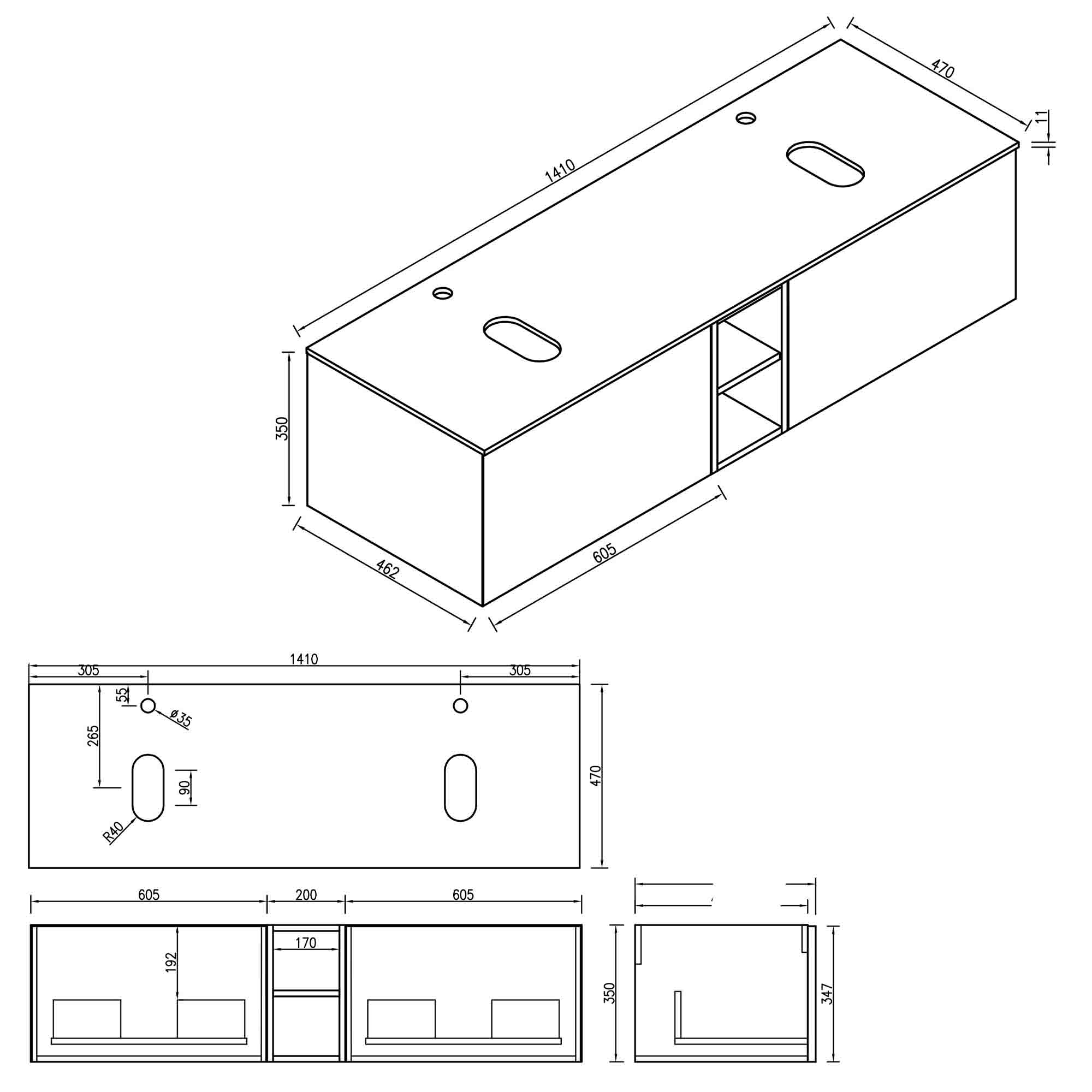 pisa 1400 wall mounted double vanity unit with stone worktop and central open shelf dimensions