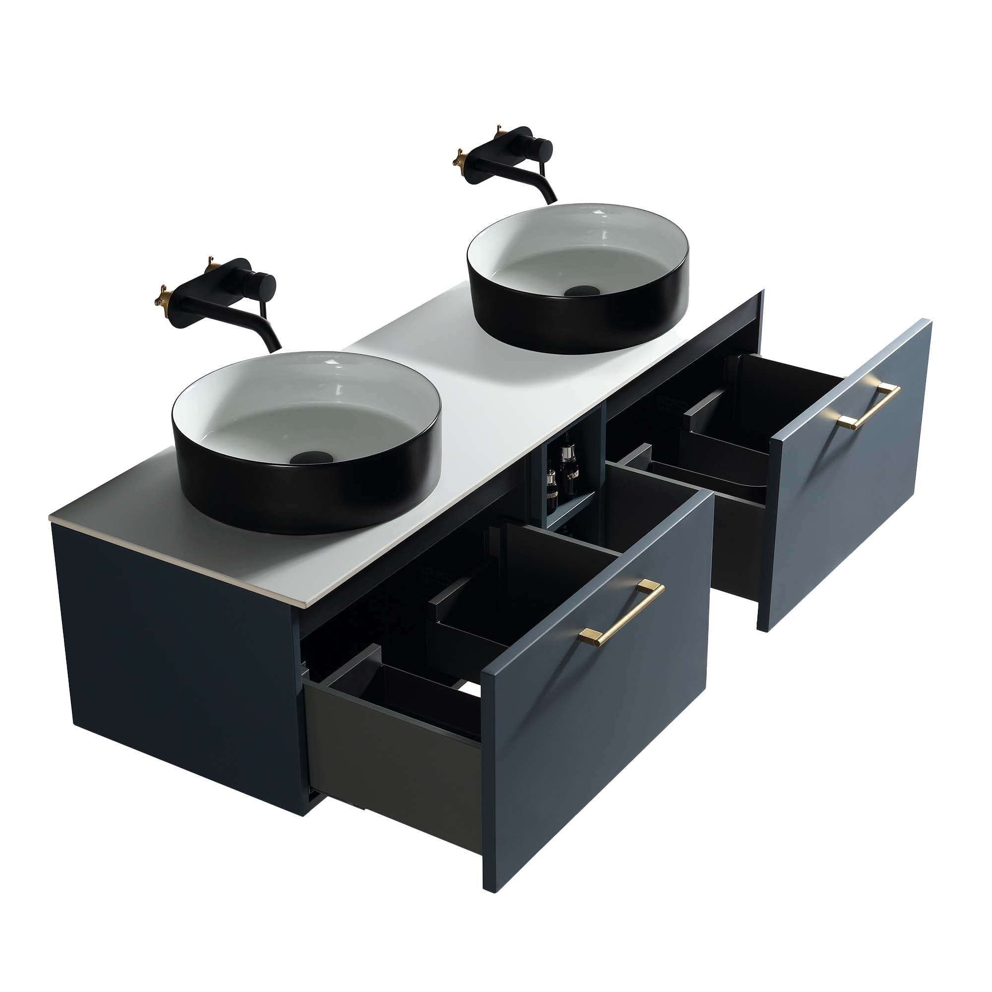 pisa 1400 wall mounted double vanity unit with stone worktop and central open shelf midnight shadow