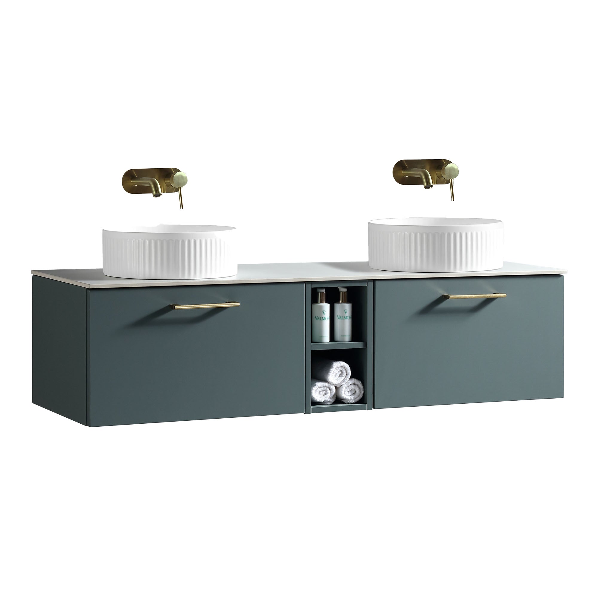 pisa 1400 wall mounted double vanity unit with stone worktop and central open shelf smoked sage