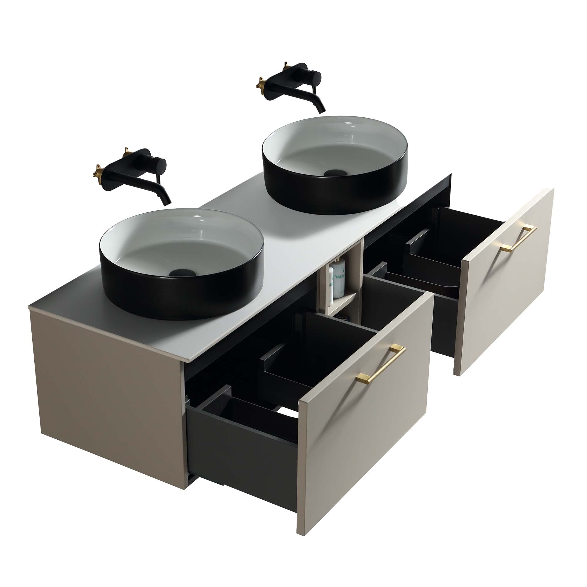 pisa 1400 wall mounted double vanity unit with stone worktop and central open shelf soft coffee