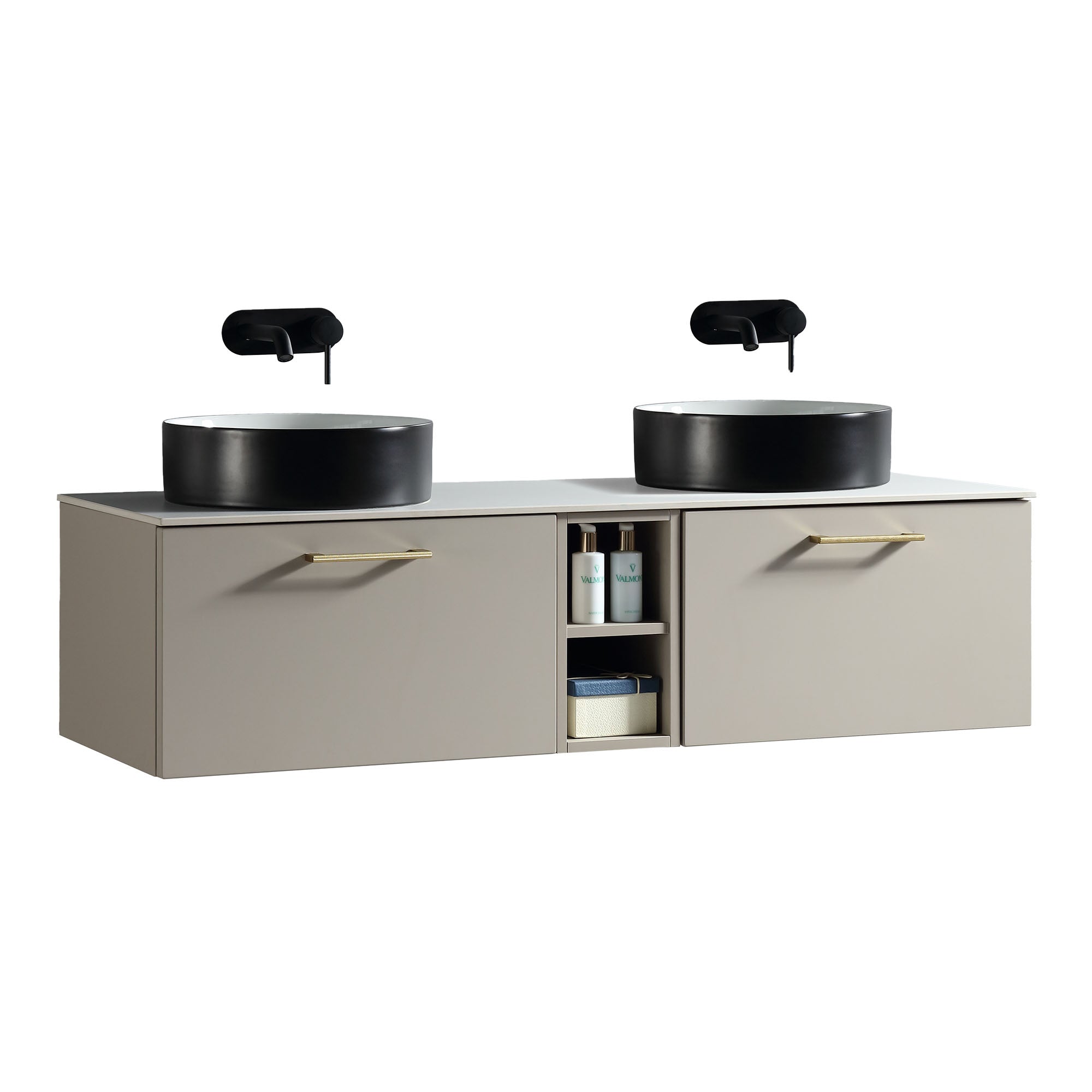 pisa 1400 wall mounted double vanity unit with stone worktop and central open shelf soft coffee