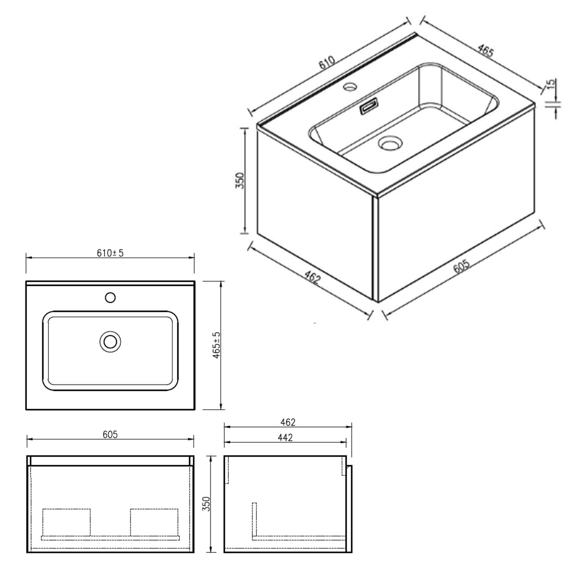 pisa 600 wall mounted 1 drawer vanity unit with washbasin dimensions