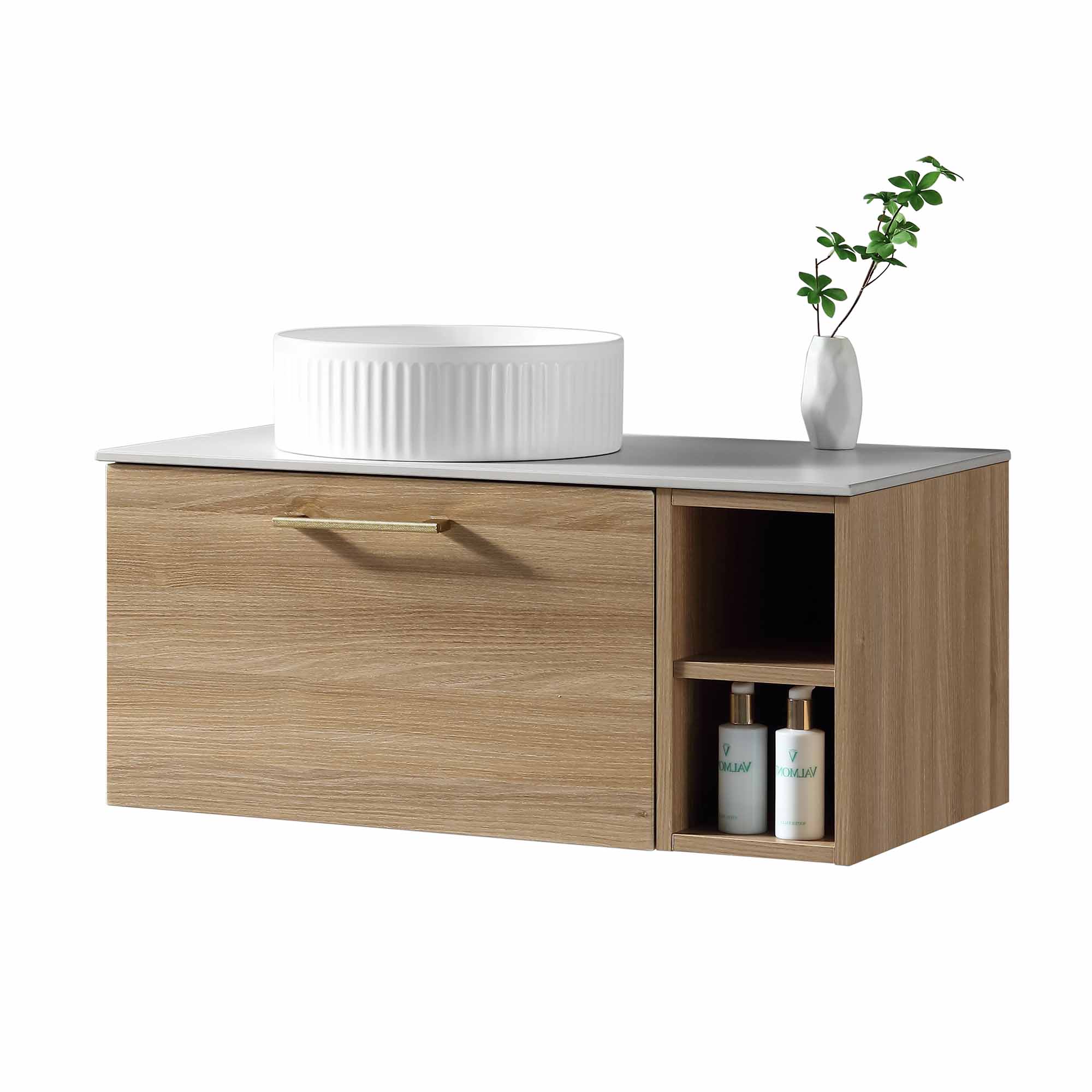 pisa 800 wall mounted vanity unit with side storage and left hand stone worktop country oak