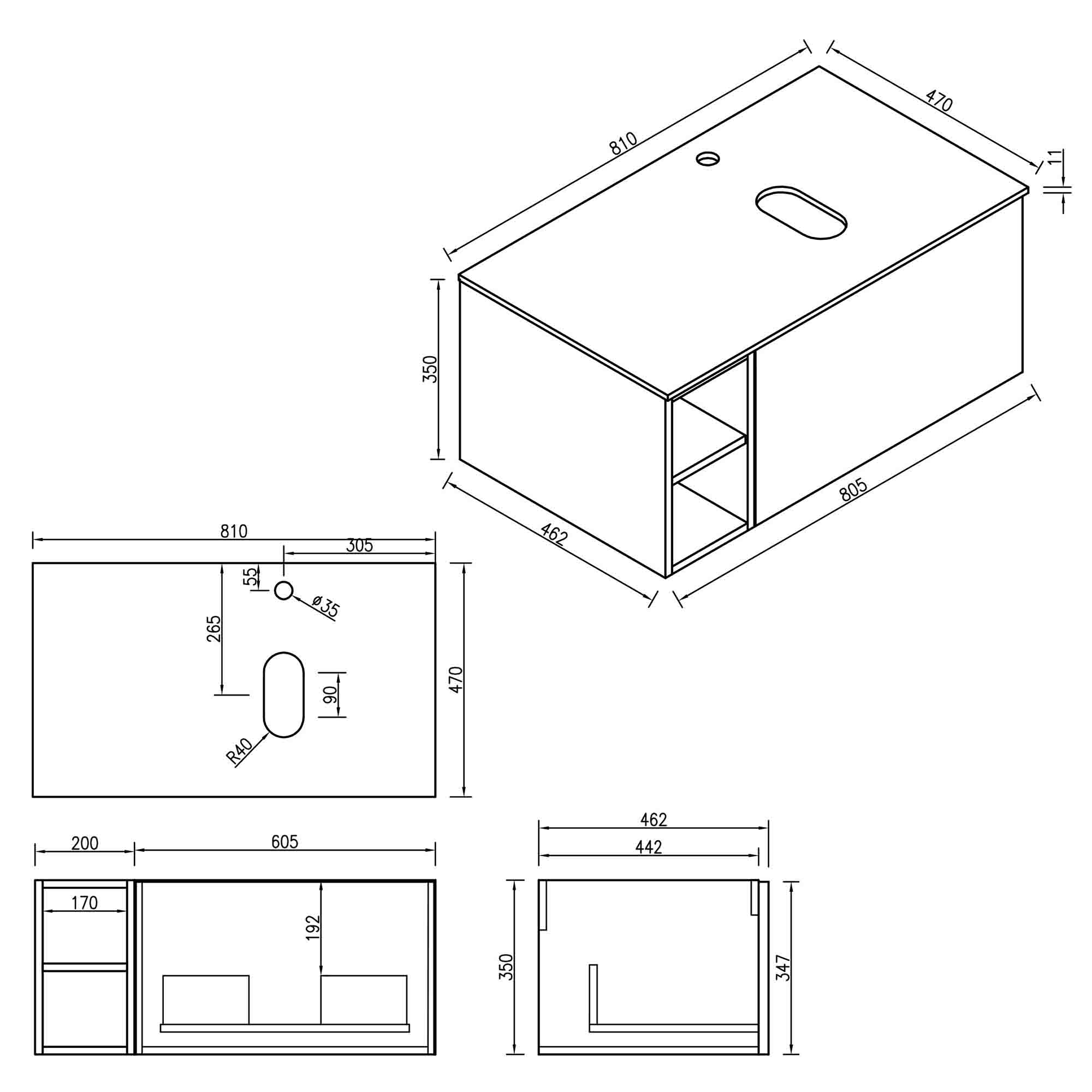 pisa 800 wall mounted vanity unit with side storage and left hand stone worktop dimensions