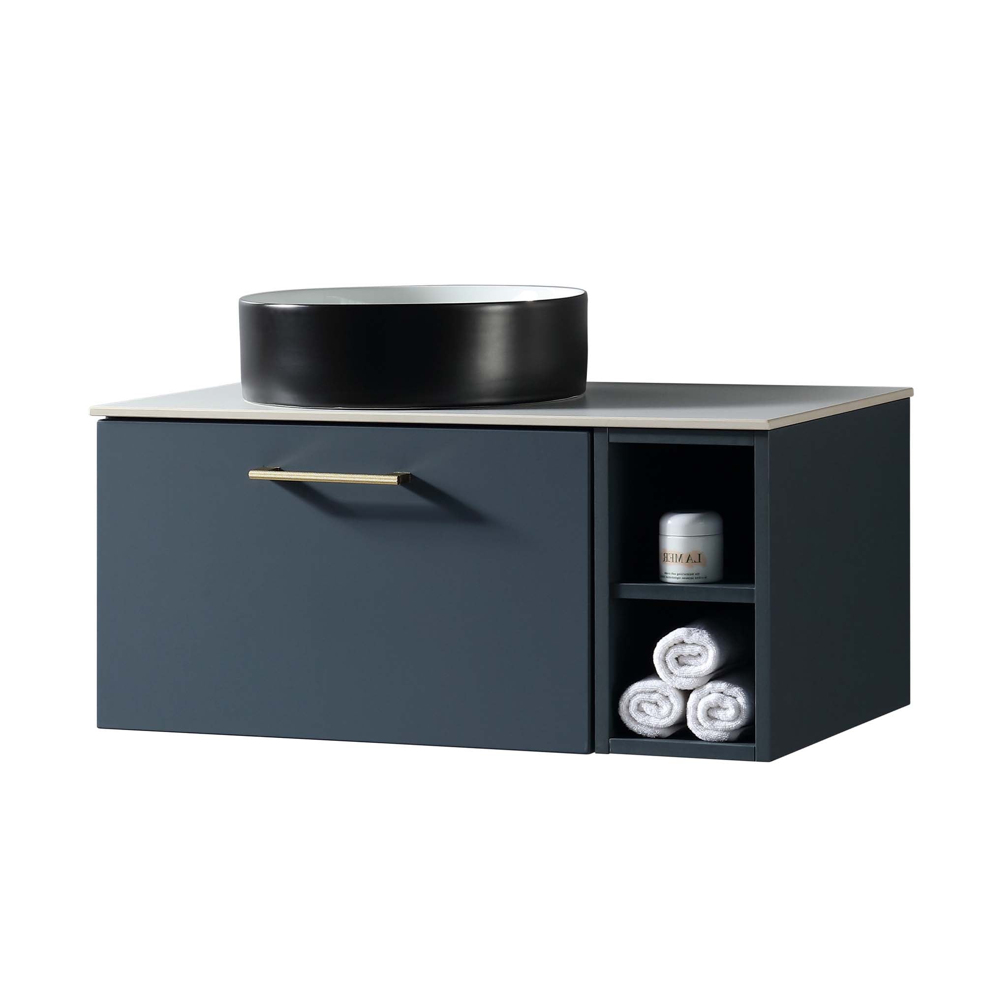 pisa 800 wall mounted vanity unit with side storage and left hand stone worktop midnight shadow