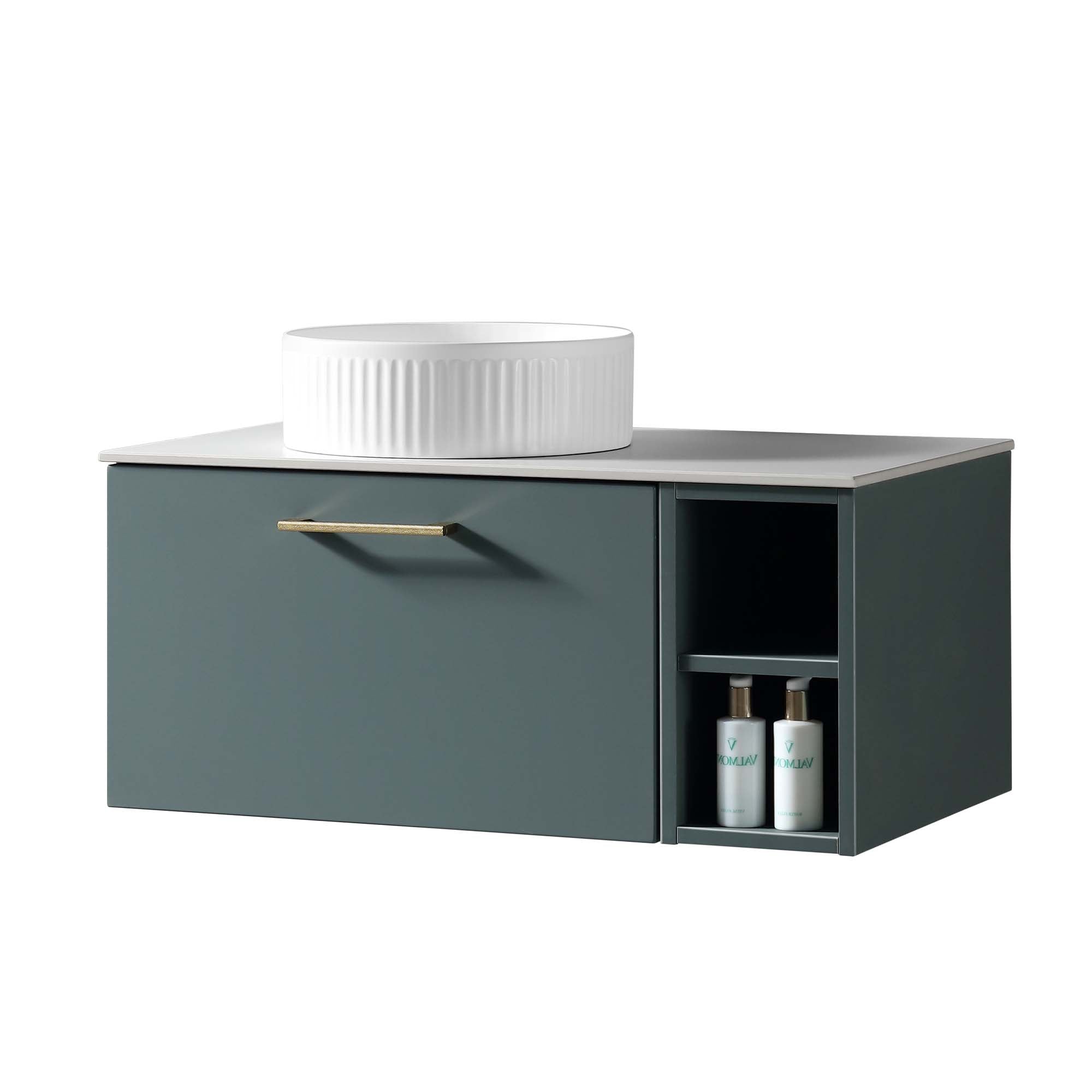 pisa 800 wall mounted vanity unit with side storage and left hand stone worktop smoked sage