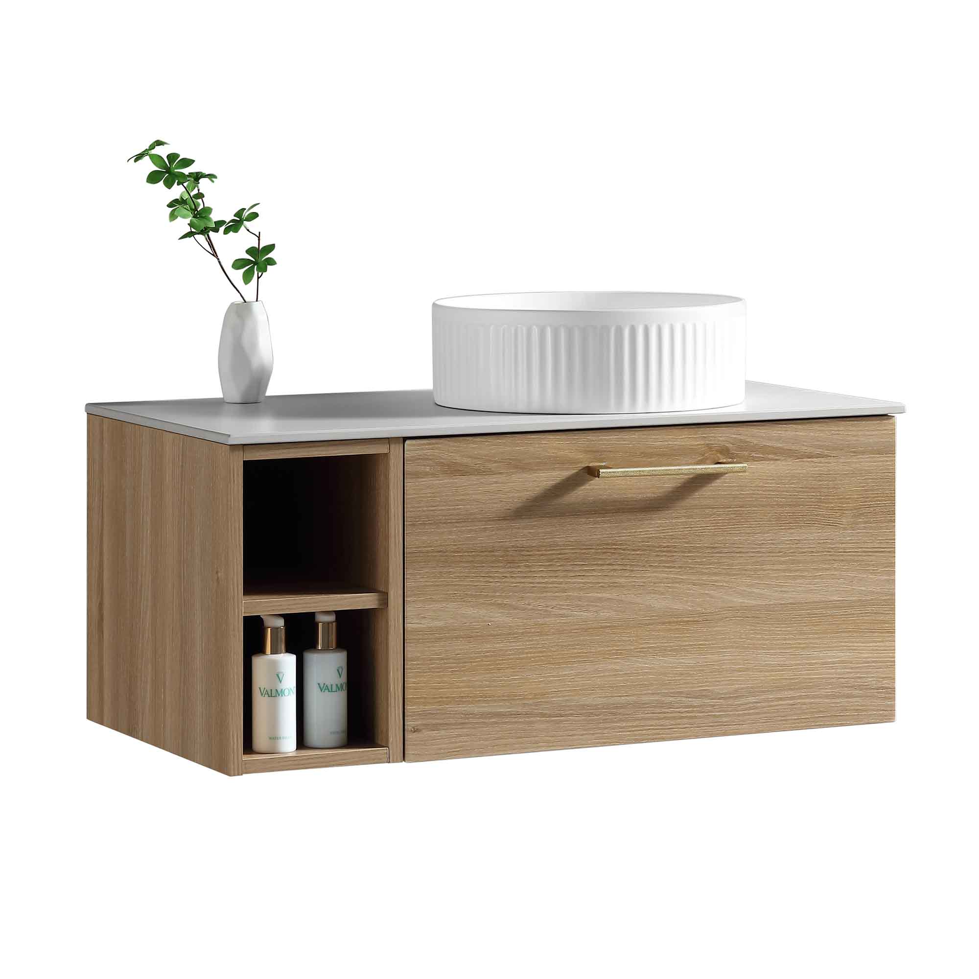 pisa 800 wall mounted vanity unit with side storage and right hand stone worktop country oak