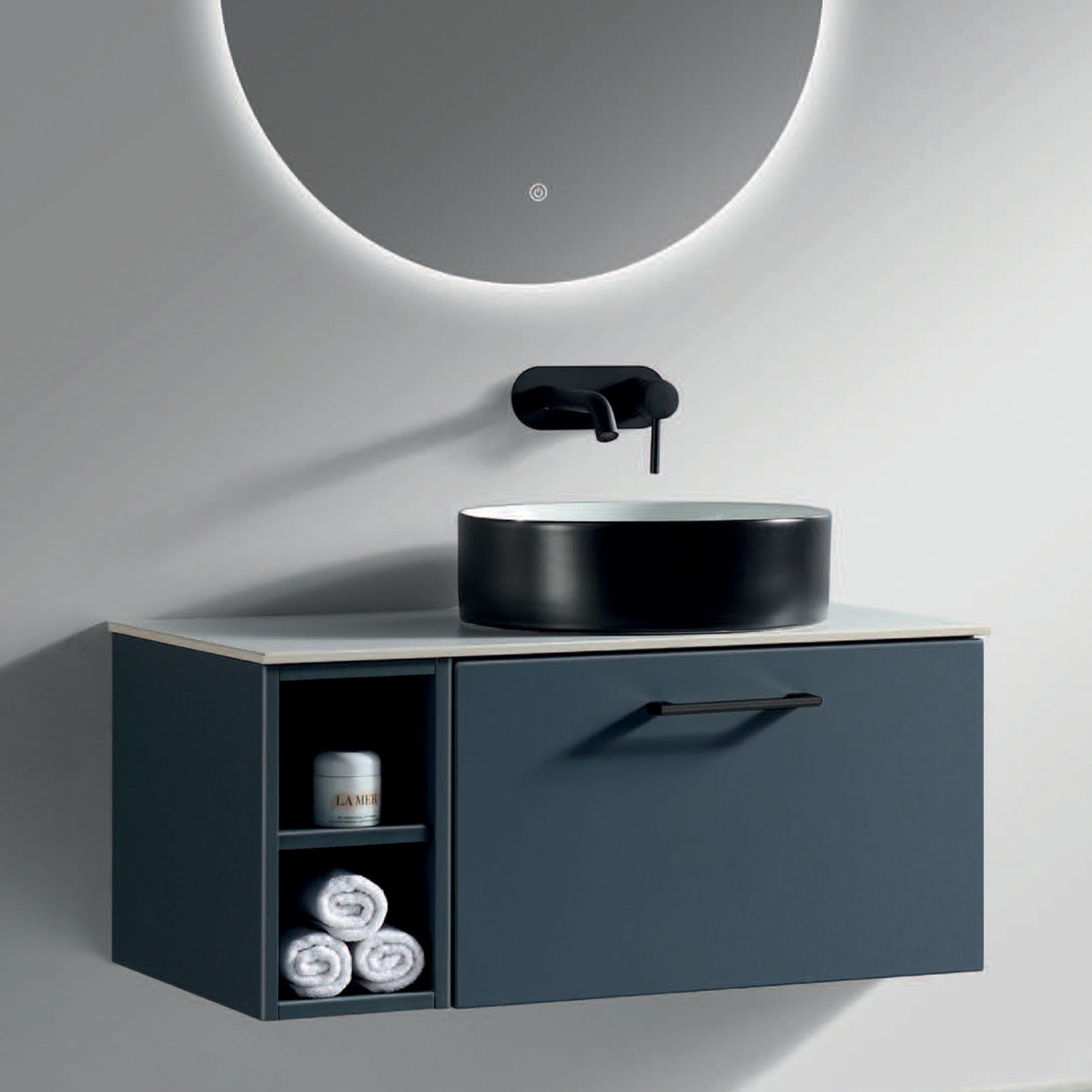 pisa 800 wall mounted vanity unit with side storage and right hand stone worktop midnight shadow
