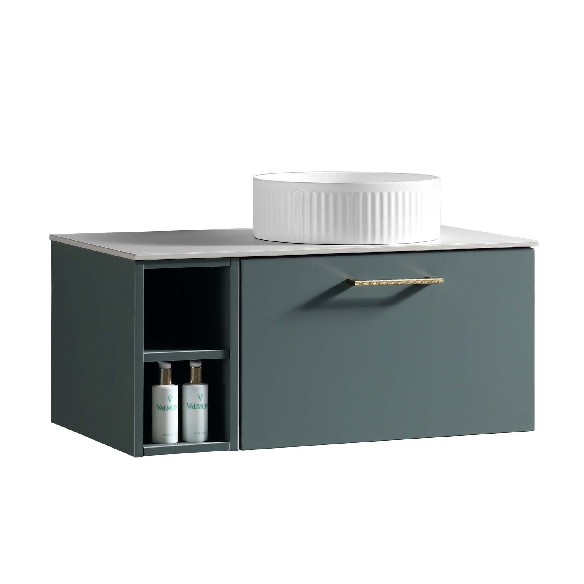 pisa 800 wall mounted vanity unit with side storage and right hand stone worktop smoked sage