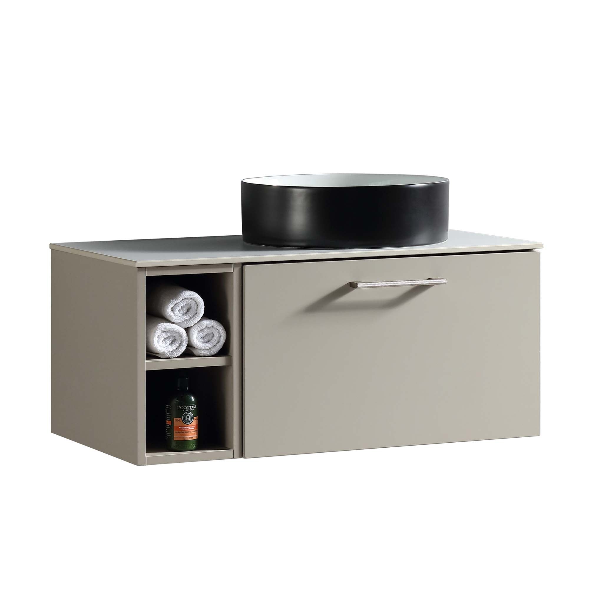 pisa 800 wall mounted vanity unit with side storage and right hand stone worktop soft coffee